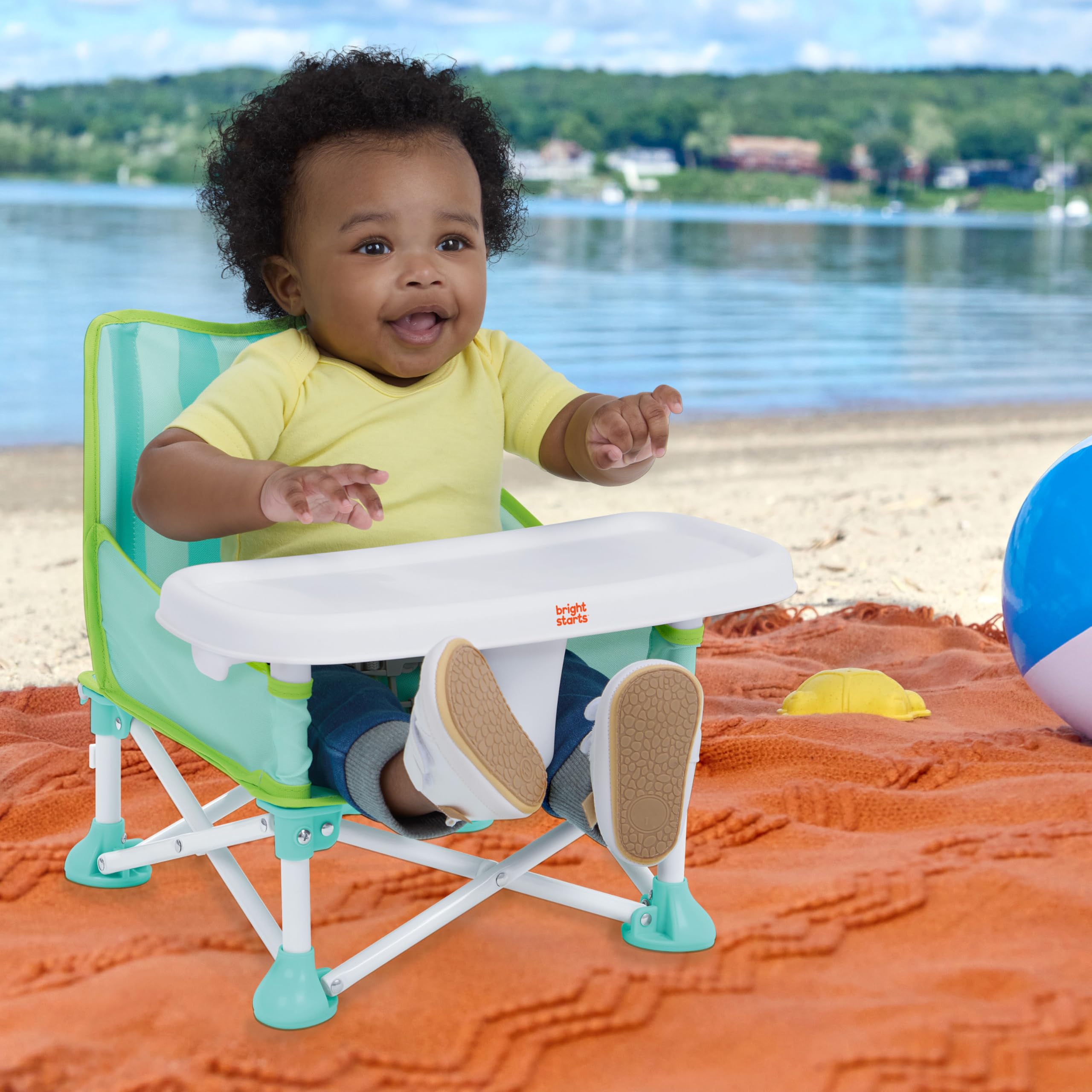 Bright Starts, Rehausseur portable Pop ’N Sit Cabana, parasol UPF, siège sol, intérieur extérieur, pliable compact, 6 mois 3 ans