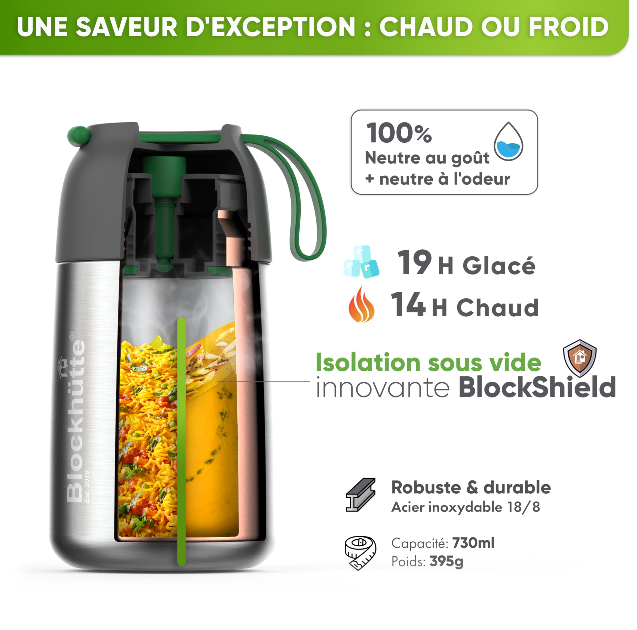 Blockhütte Thermos isotherme 730ml En inox Avec Cuillère et Fourchette - Thermos Alimentaire Chaud idéal Pour Le Travail - Boite Alimentaire isotherme Avec Sac de Transport - Lave-Vaisselle