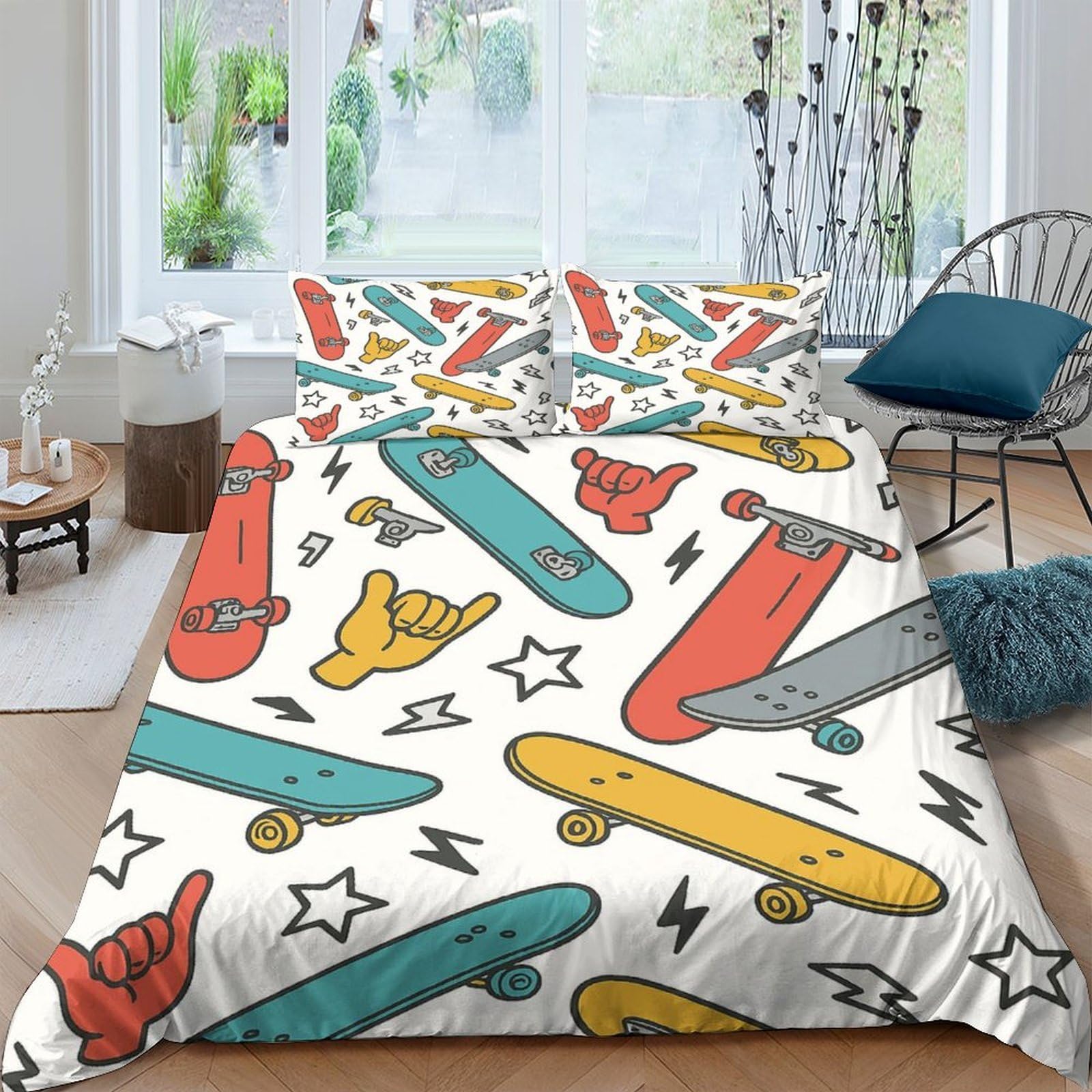 GPLZQXKJNH 3D Printed Skateboard Graffiti Duvet Cover Microfiber Soft Breathable Hand Gesture Bedding Set with 2 Pillowcases for Bedroom Decor Single（135x200cm）