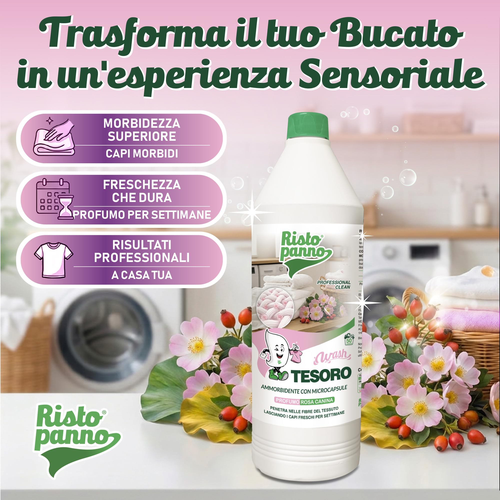 3 PZ x 1L Ammorbidente Lavatrice Concentrato con Microcapsule Profumate - Fragranza Rosa Canina - Azione Antistatica - Profuma Biancheria per Lavatrice e Bucato a Mano (WASH TESORO)