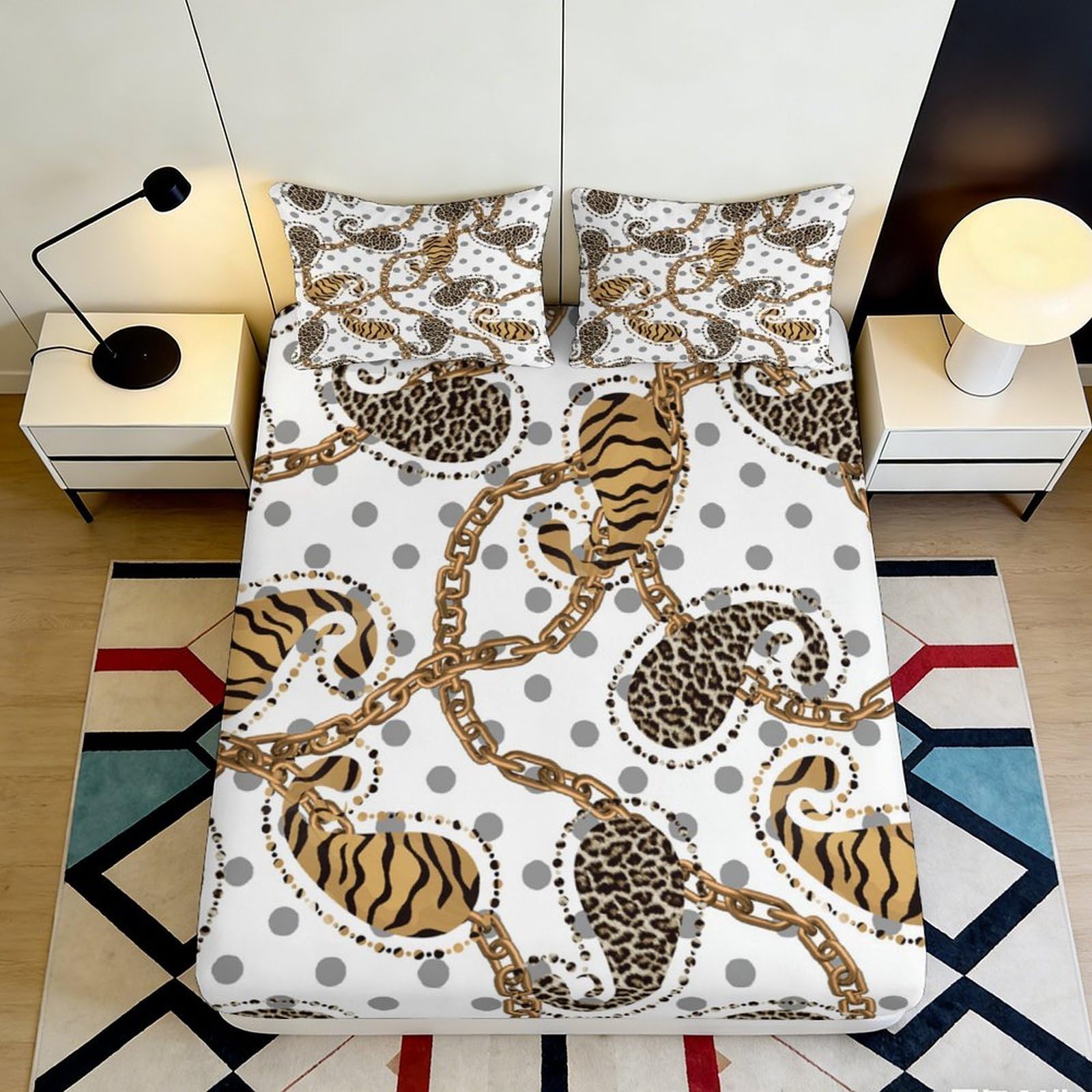 3D Printed Leopard Chain Fitted Sheet Microfiber Anti-Slip Mattress Cover for Bedroom Dorm Easy Care Decor 120x200cm 120x200x25cm