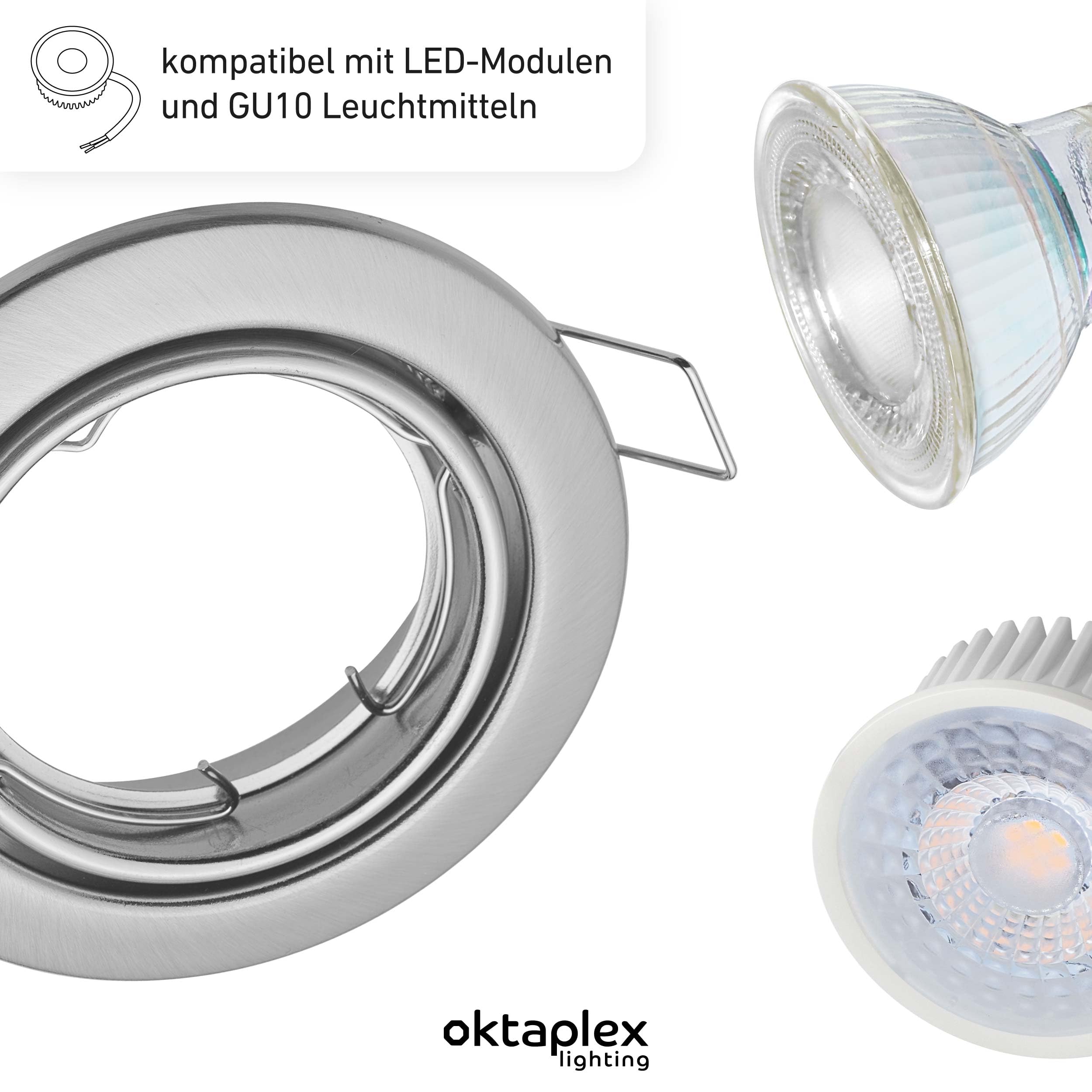 Oktaplex 12er Set Dijon LED Deckenspots 230V schwenkbar 22mm Einbautiefe | Warmweiß 3000K, Lochmaß 68mm, 4,8W, 380lm, 110°, Einbaustrahler Edelstahl gebürstet rund, ultra flach