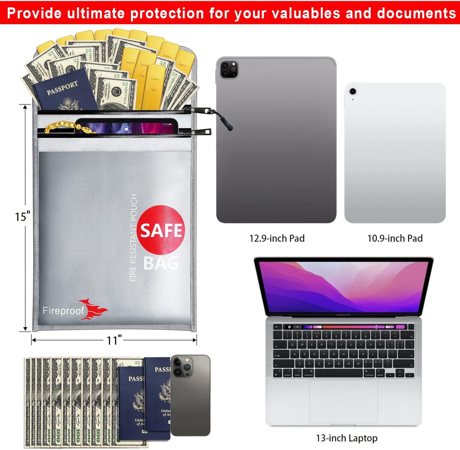 COLCASE Fireproof Document Bag Upgraded 2 Pockets (2000 ℉)15 x 11 Inches Silicone Coated Fireproof and Waterproof Bag Fireproof Safe Bag Storage for Money, Documents, Jewelry and Passport