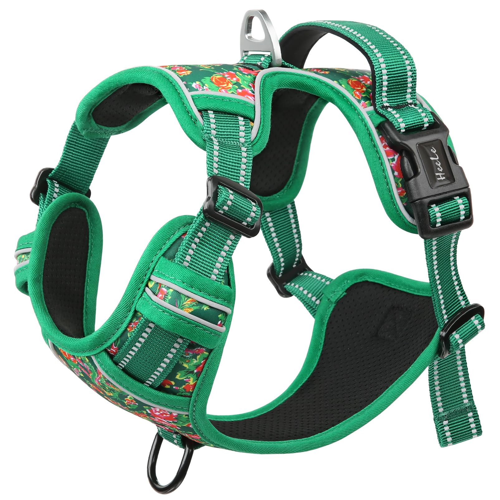 HEELE Pettorina Cane Taglia Piccola con Motivo Stampato, Riflettente Pettorina Addestramento Cani Anti Tiro con 2 Ganci in Metallo + Maniglia, Gilet per Cani Regolabile, Fiore-Verde, XS