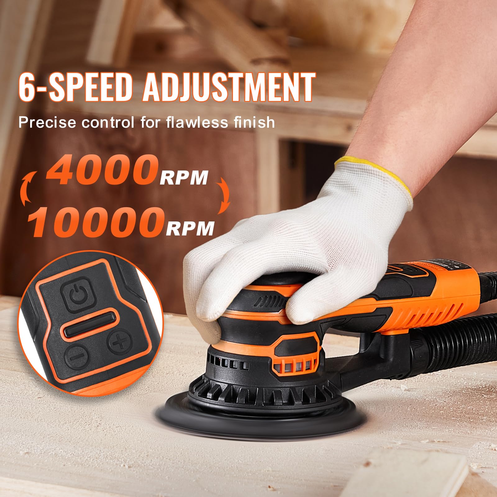 Happybuy Random Orbital Sander 5 & 6-Inch, 350W Brushless Orbital Sander, 10,000 RPM 6 Variable Speed Electric Palm Sander with 20PCS Sandpapers, Dust Connector & Hose for Woodworking