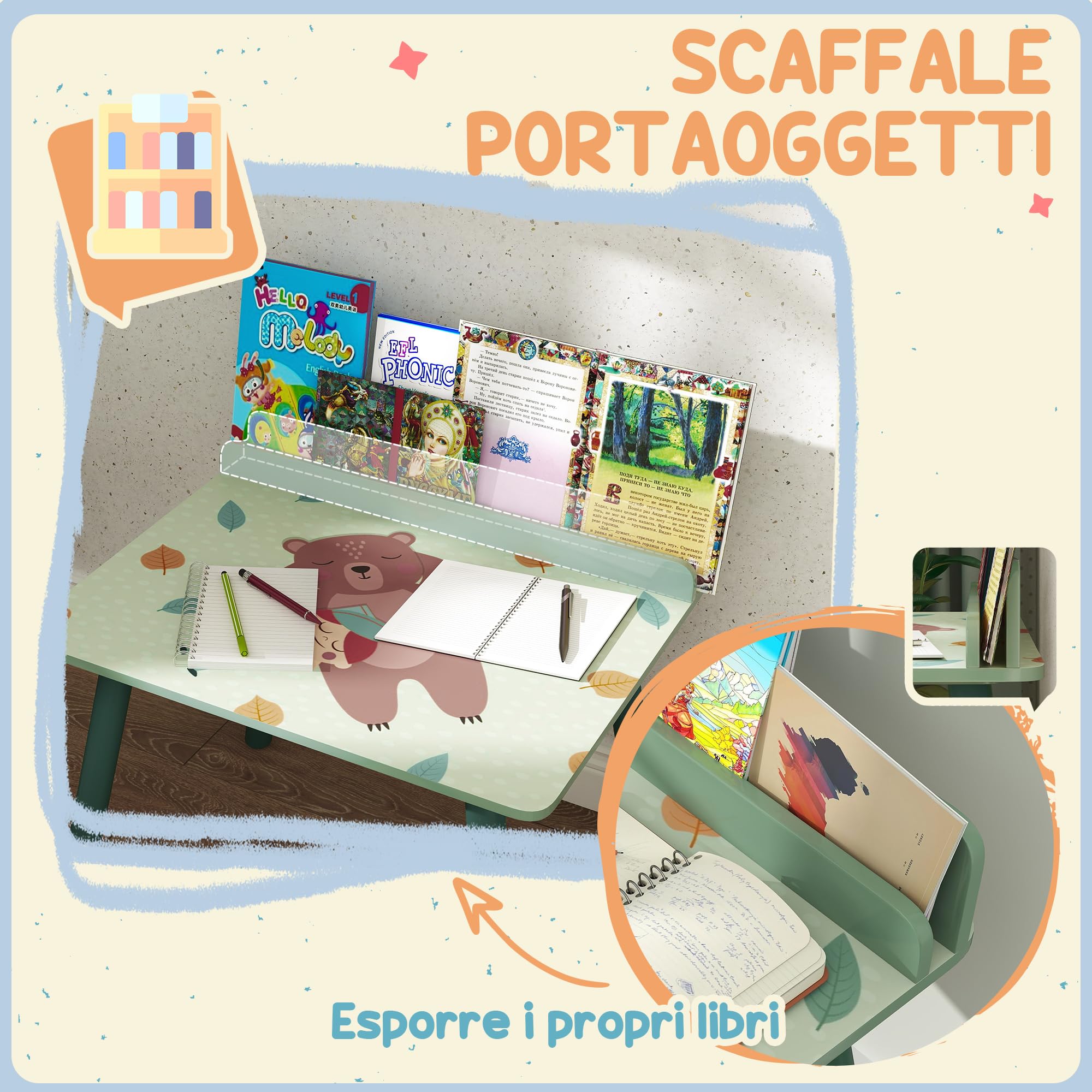 AIYAPLAY Set Sedia e Tavolino per Bambini con Ripiano Portaoggetti, Banco Scuola e Sedia in MDF e Legno di Pino, per Cameretta, Stanza da Gioco, Camera da Letto, Verde