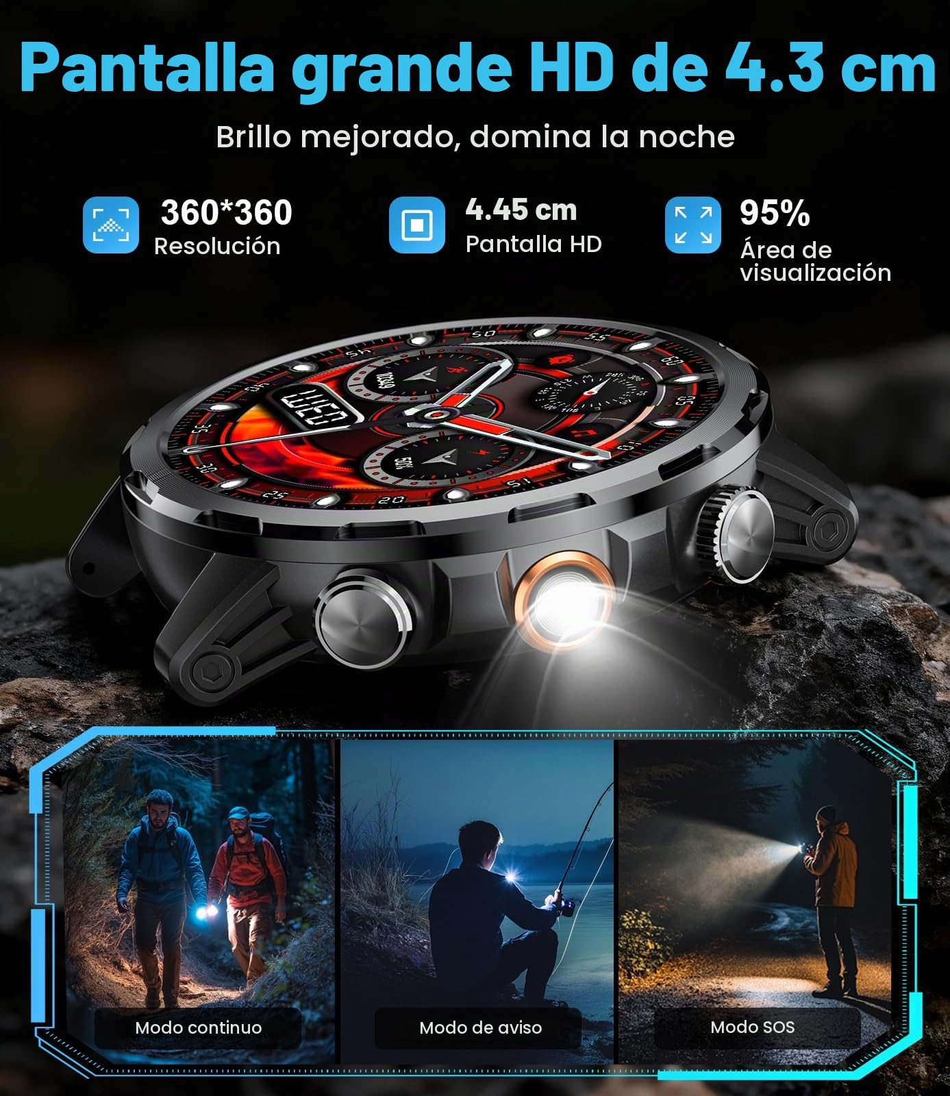 Militar Reloj Inteligente Hombre con 1000mAh/Linterna/1.7'' HD Grande Smartwatch Hombre con Llamadas/Doble Carga/IP68 Impermeable/100+ Modos Deportivos/Pulsómetro/Sueño/Pulsera Actividad Android iOS