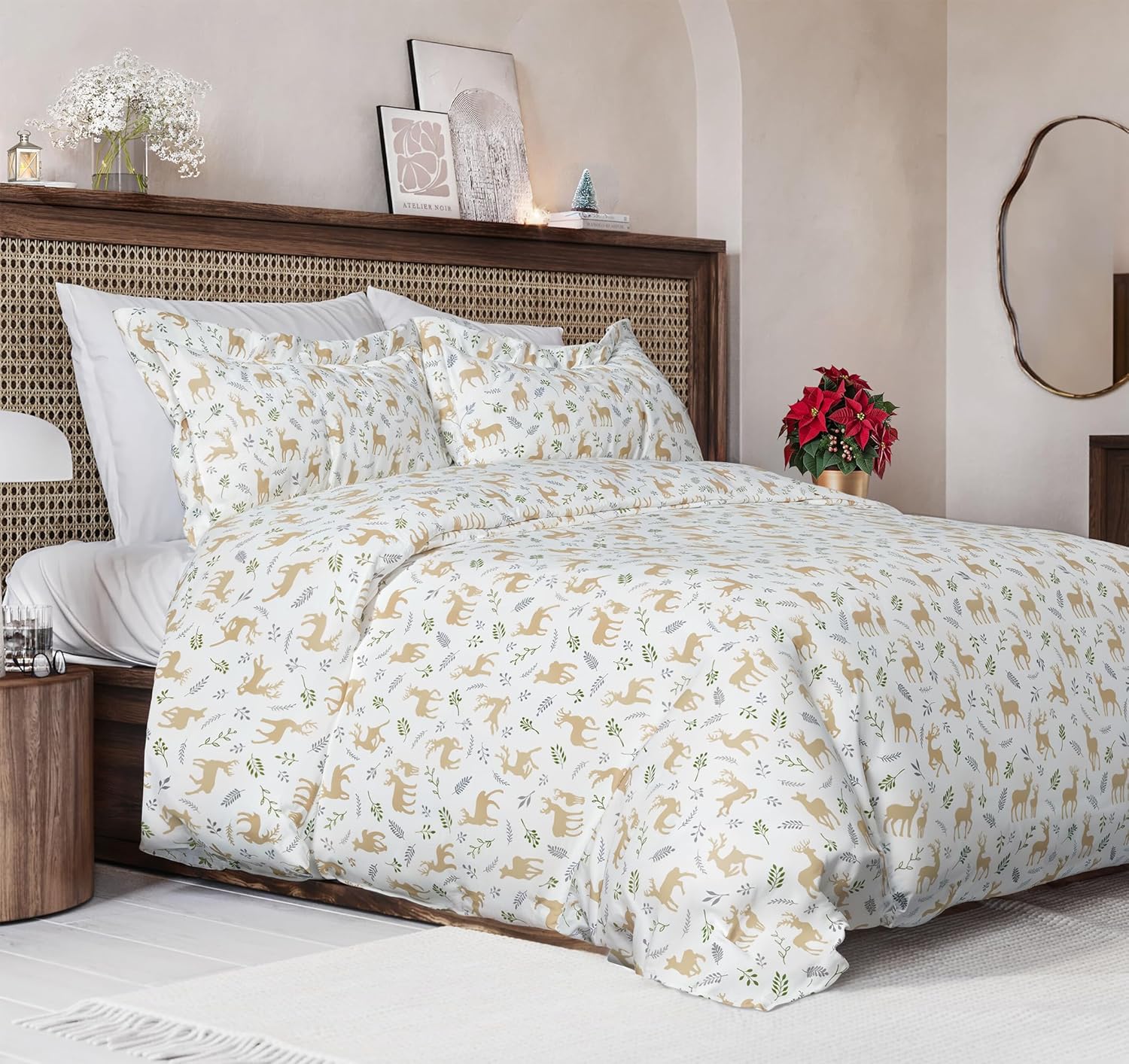 Christmas Duvet Cover Cal King Size Set - Extra Soft Cal King Duvet Cover with 2 Pillow Shams - Holiday Xmas Bedding w/ Zipper Closures & Ties - Comfy Breathable Bed Set - 104 x 98, Christmas Reindeer