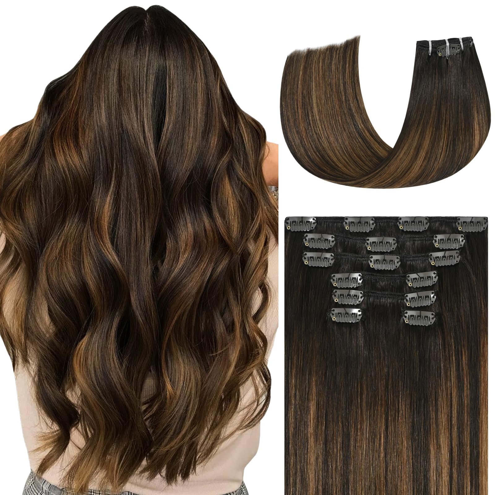 Ukira Brown Balayage Clip in Hair Extensions Real Human Hair, 15 Inch 75g 7pcs 2/6/2 Dark Brown to Chestnut Brown Human Hair Extensions, Natural