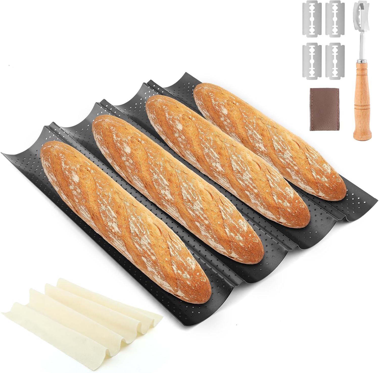Baguette Pan Set, 4 Loaf Perforated French Bread Baking Pan Kit Set