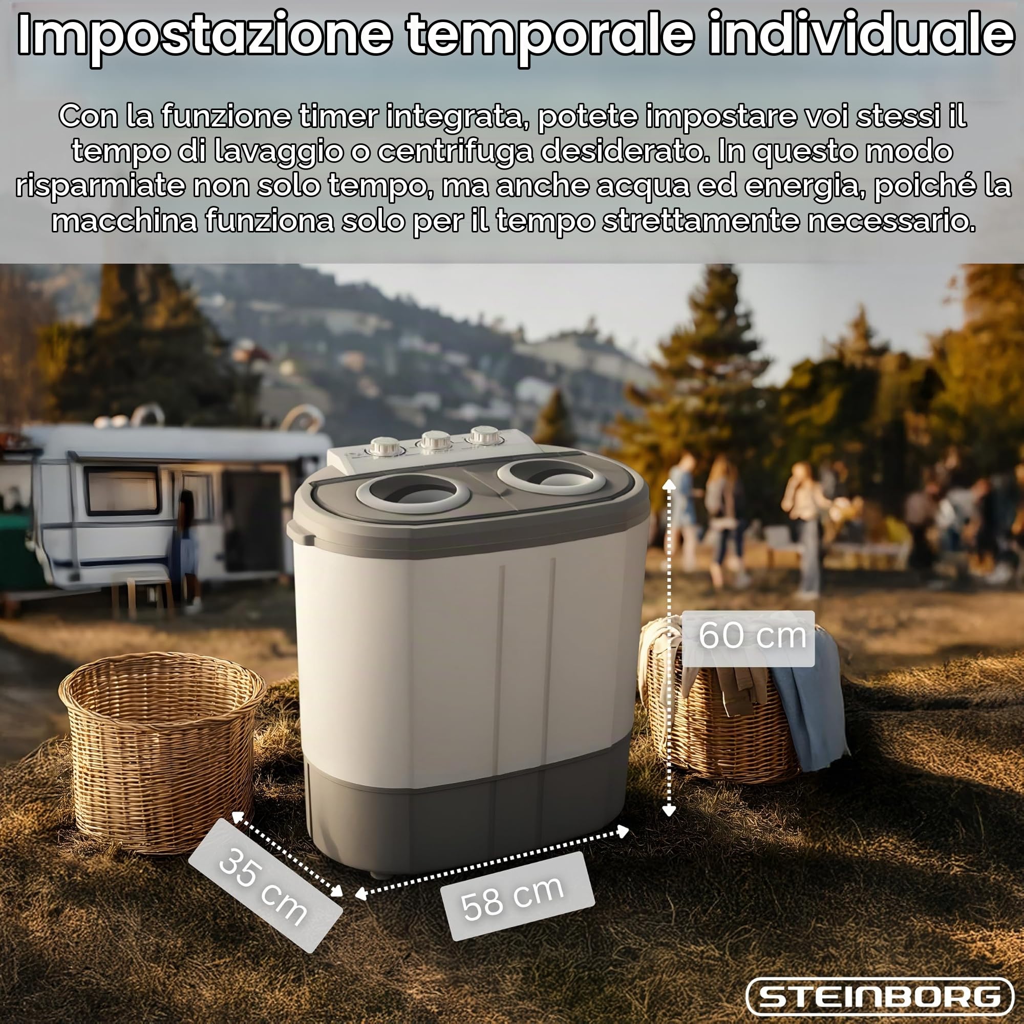 Steinborg Mini lavatrice con centrifuga, toploader a 2 scomparti, capacità di lavaggio fino a 3 kg, borsa centrifuga fino a 1 kg, lavatrice compatta, ideale per campeggio, viaggi e piccole famiglie