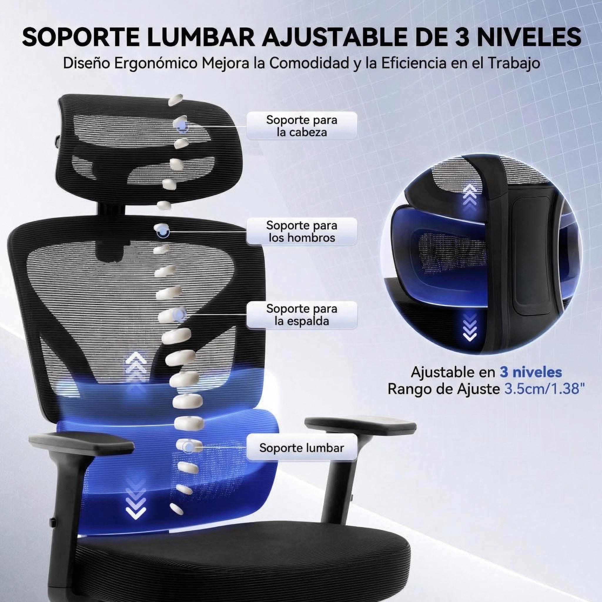 Garvee Silla Escritorio Ergonómica con Base Metálica Sin Color | Con Soporte Lumbar Ajustables,Reposacabezas y Apoyabrazos,Malla Giratoria,Reclinable y Móvil,Carga máx. 136 kg,Con reposapié