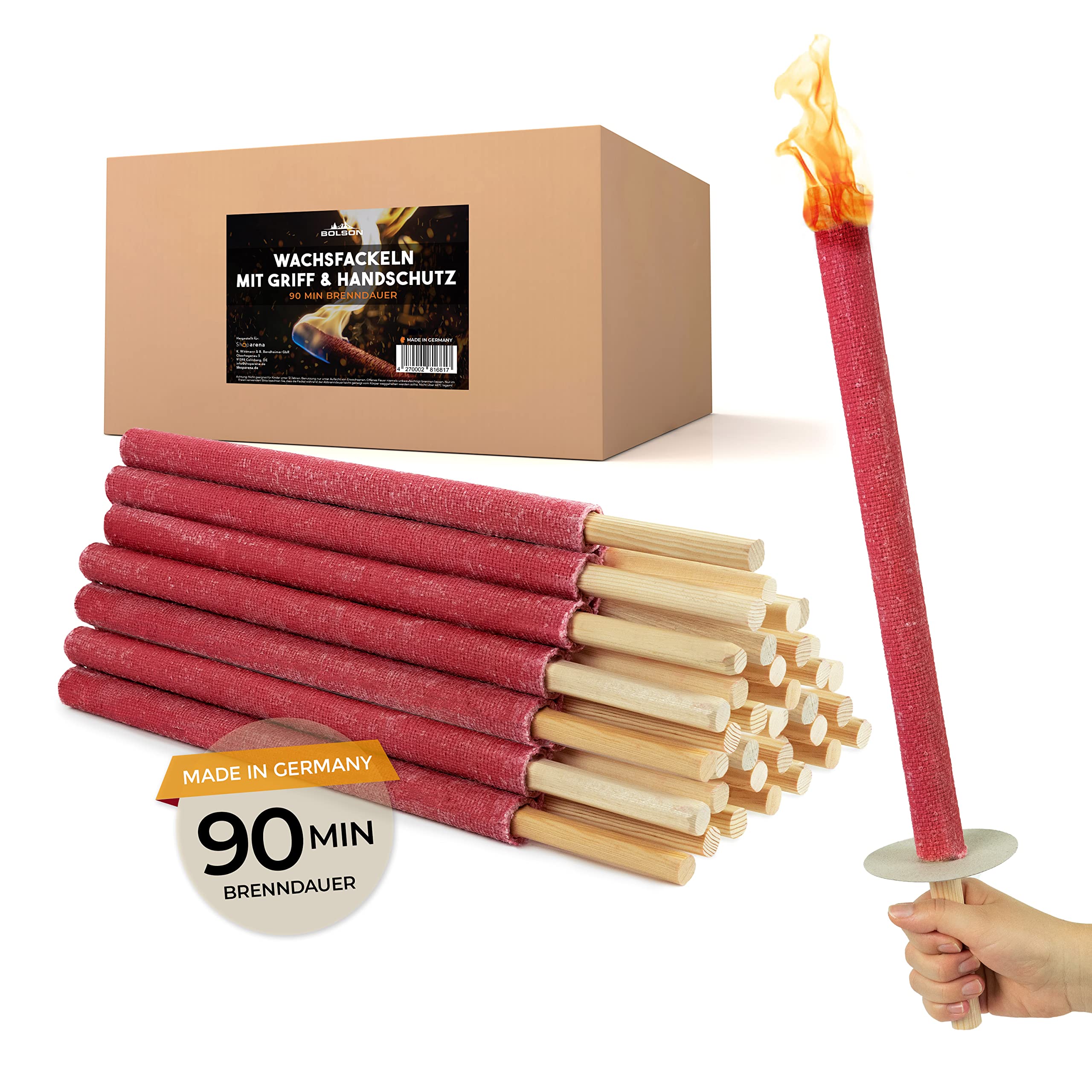 Bolson Wachsfackeln 90 Min (25 Stk.) Gartenfackel aus Wachs mit Handschutz & Griff für Kinder & Erwachsene - in Deutschland hergestellte Fackel für Draußen - ideal f. Fackelwanderung, Garten, Outdoor