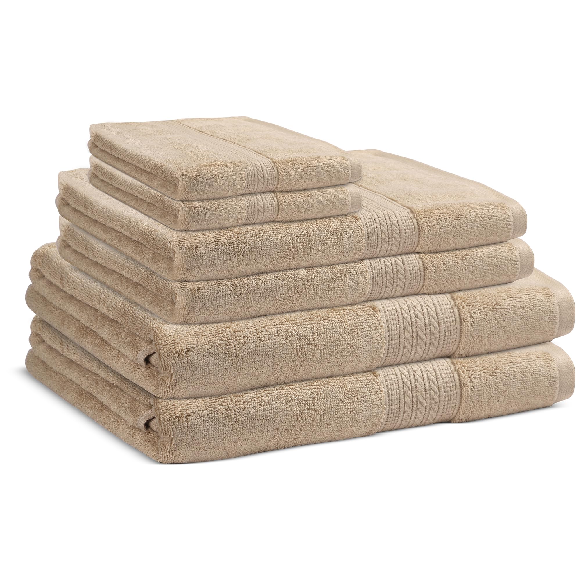 ESSELL 24/7 6 Piece Bath Towel Set, 100% Cotton, Aurora Collection, Durable, Quick Dry & Light Weight, 2 Bath Towels, 2 Hand Towels, 2 Washcloths - Beige