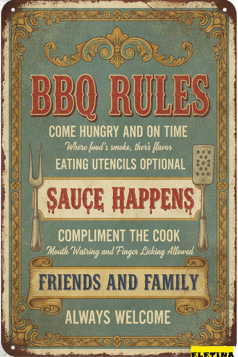 Tin Sign for Man Cave Vintage Bbq Rules - 8x12 Inches Decorative Outdoor Use, Perfect Home, Patio, Porch, Backyard, And Garden Decor Private Property