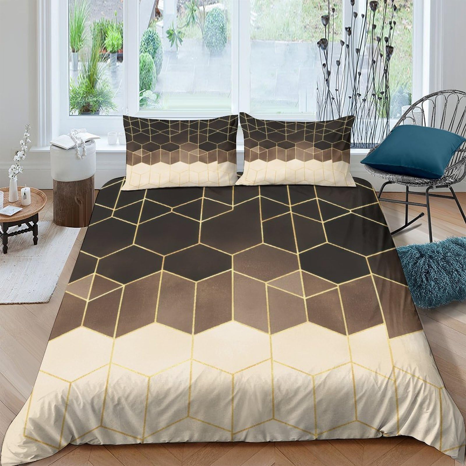 Ctjqhvkz Style-6 3D Printed Geometric Hexagon Pattern Fitted Sheet Microfiber Soft Brown Gold Gradient Bed Cover For Bedroom Dorm Easy Care Single（135X200cm）