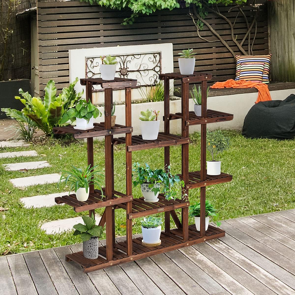 COSTWAY Pflanzenregal Blumenregal, Blumenständer Holz, Blumentreppe Garten, Pflanzentreppe mehrstöckig, Holzregal (9 Etagen / 125x25x114cm)