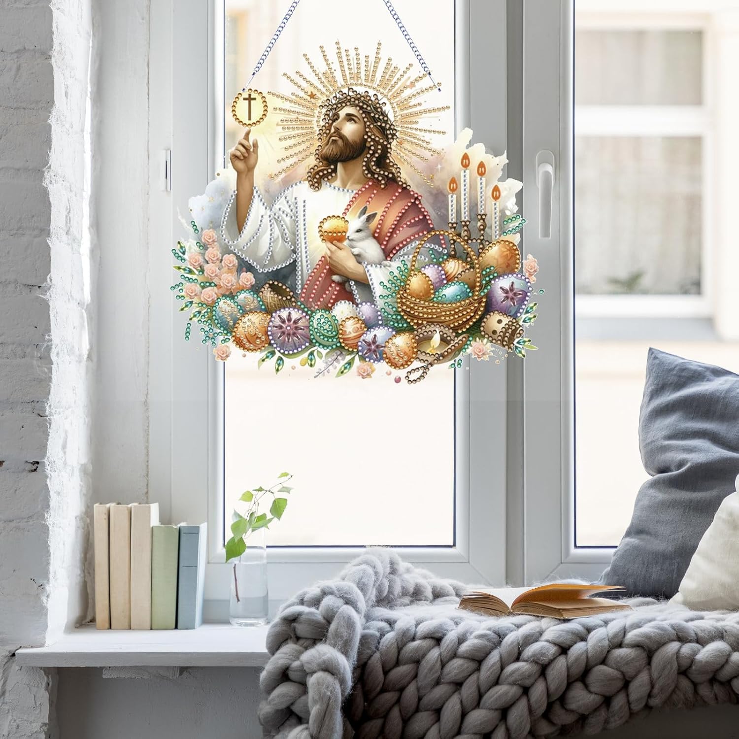 ARTopet 4Pcs DIY Diamond Pendant Ornament Easter Jesus Egg Special Shaped Crystal Diamond Art Painting Hanging Single Sided for Home Garden Wall Door Decor