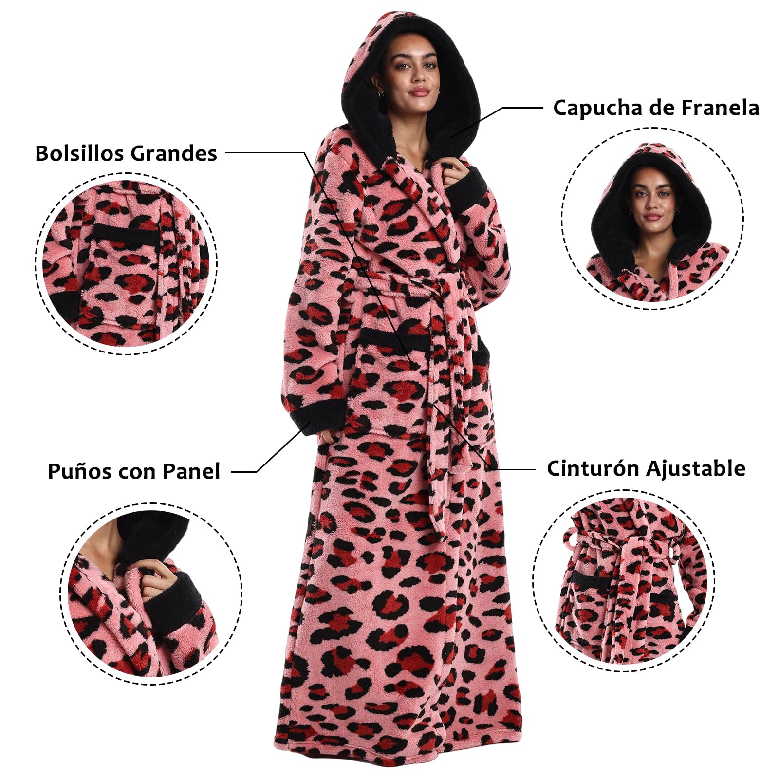 Albornoz Unisex Capucha - Bata Larga de Forro Polar Cálido y Suave, Talla Única con 2 Bolsillos y Cinturón Ajustable, para Baño, Spa, Hogar