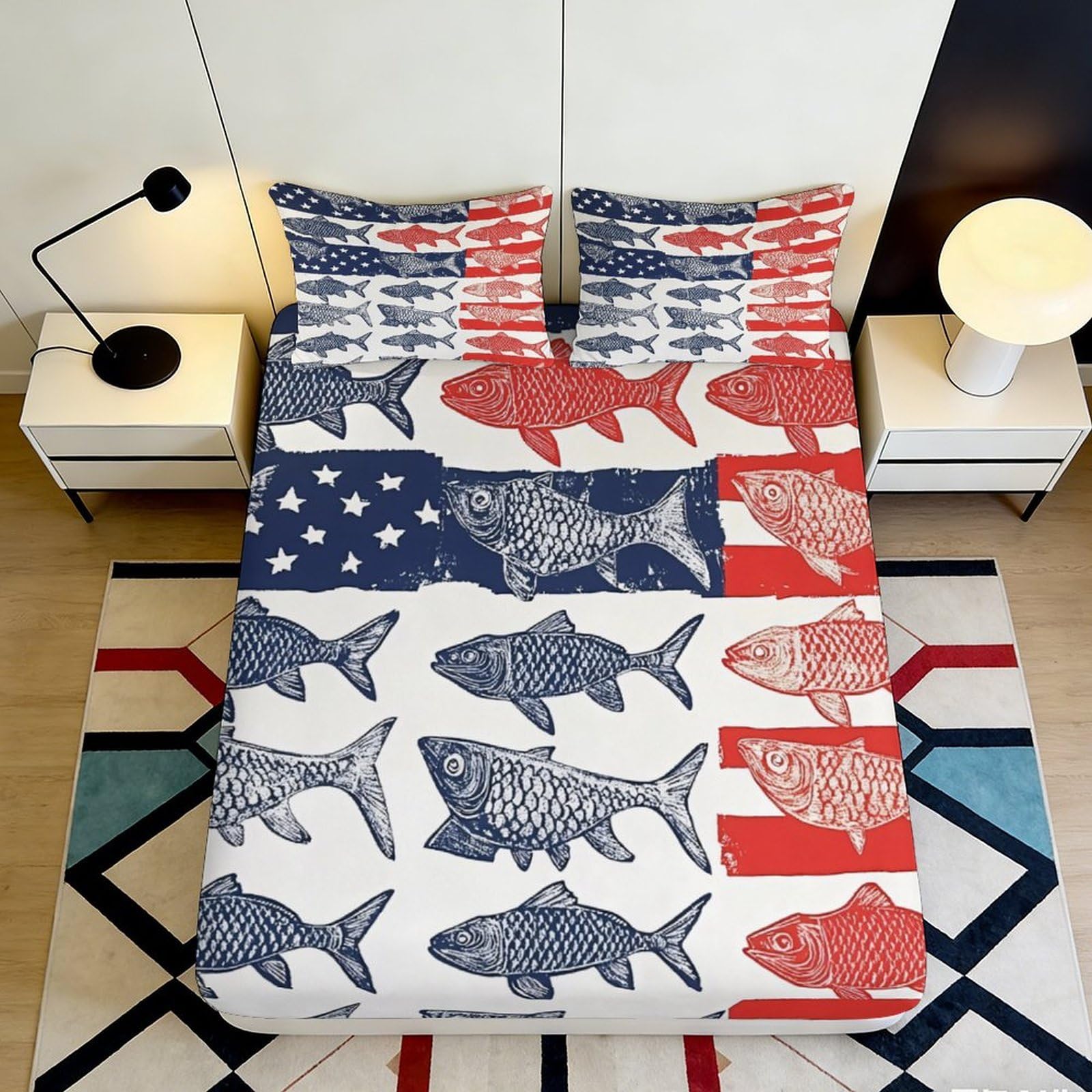 3D Printed American Flag Fish Pattern Fitted Sheet Microfiber Soft Mattress Cover for Bedroom Guest Room Decor 90x200x25cm