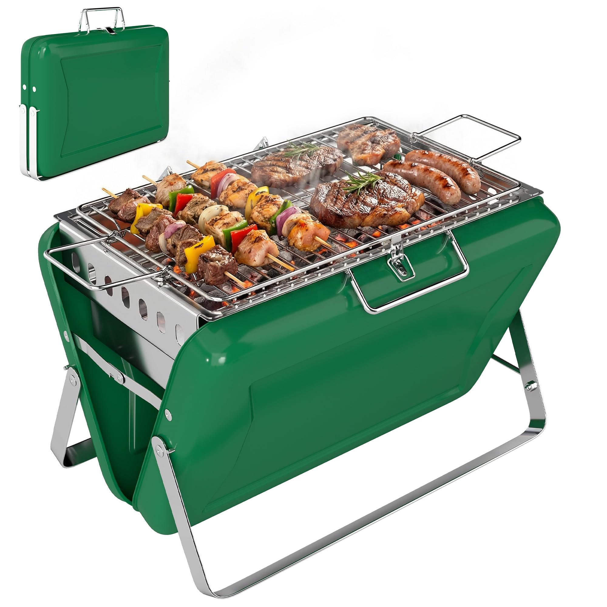 Outsunny Parrilla portátil para barbacoa, parrilla plegable de carbón con asa y patas plegables para camping, jardín, cocina al aire libre, verde oscuro