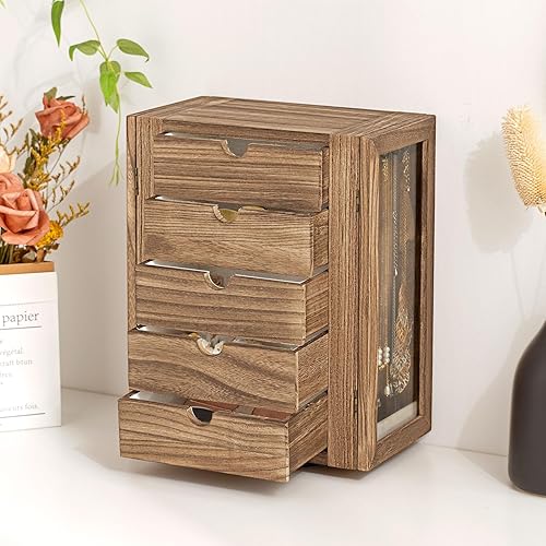 Miniatura 5 de Emfogo Joyero giratorio de 360 para mujer, caja organizadora de joyas de madera rústica con 5 cajones, puertas de cristal, diseño abierto vertical,