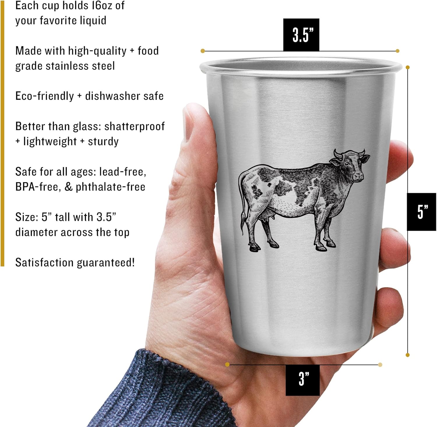 Magic Pine Kid-proof Cups (Farm Animal designs) - Set of 4 Stainless Steel Cups (16oz)