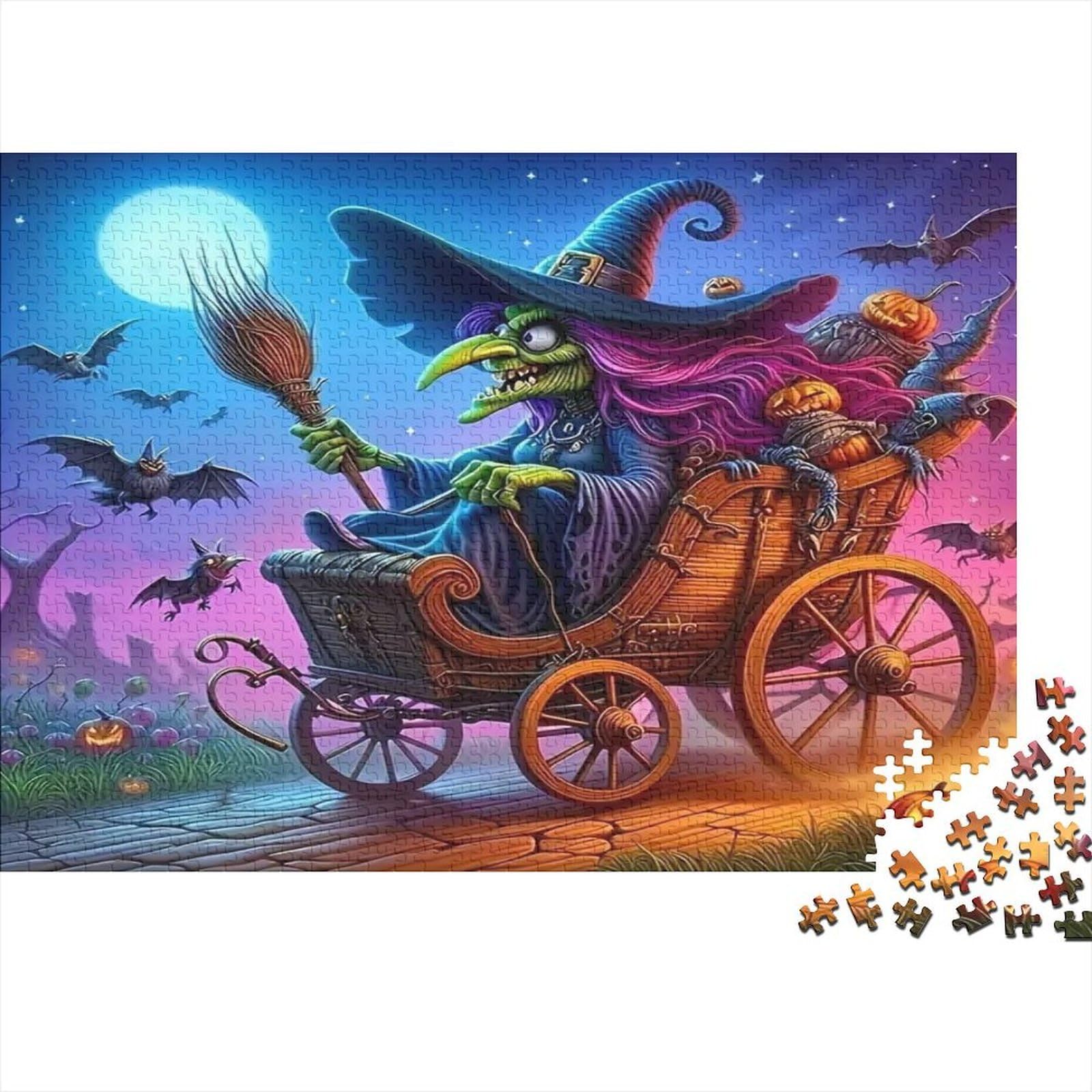 Witch Magical Night 1000 Piece Jigsaw Puzzle Paper for Adults Bat Night Scene Puzzle Game for Family Home Relaxation Focus Gift 38x26cm/1000pcs