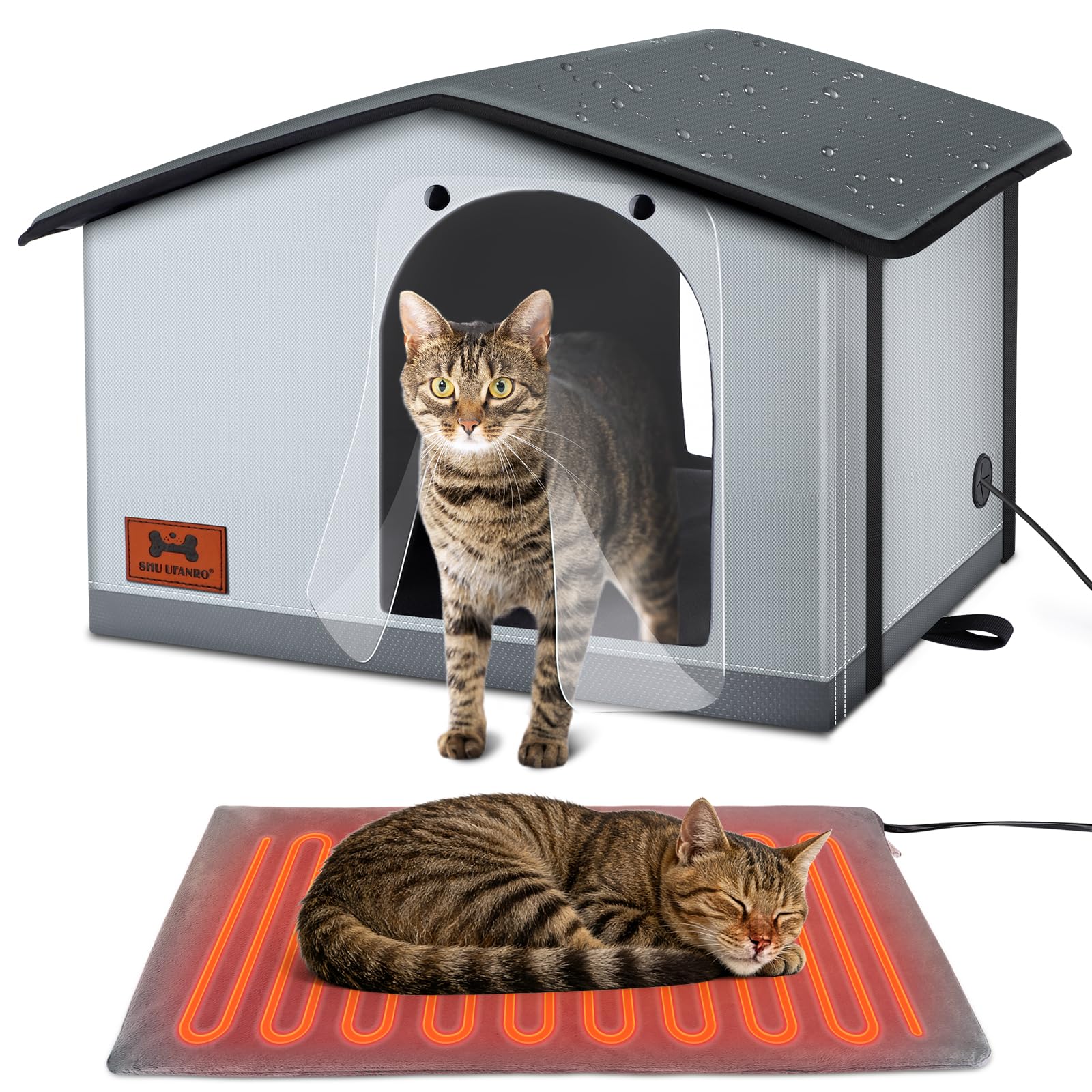 Insulated Heated Cat House Indoor/Outdoor, Weatherproof Cat House with Heated Pad for Winter, Outside Shelter for Feral Cats and Small Dogs (20"x17"x16")