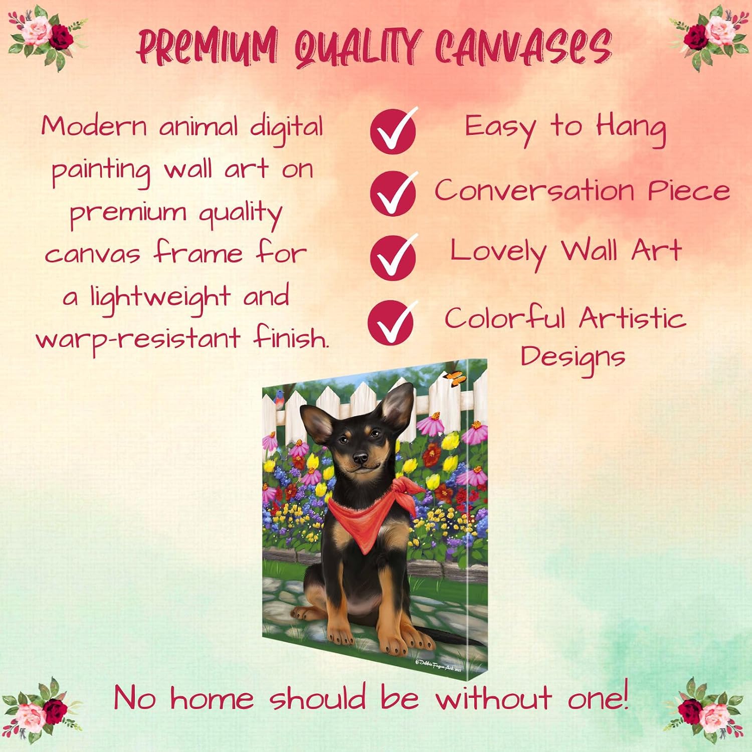 Doggie of the Day Spring Floral with Australian Kelpie Dog Canvas Wall Art - Premium Quality Ready to Hang Room Decor - Flat Rolled 11" x 14"