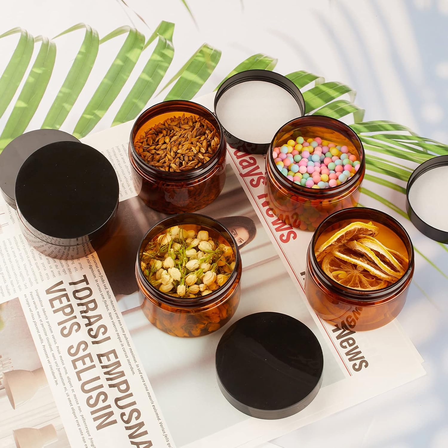 Qeirudu 4 oz Amber Plastic Jars with Lids and Labels, 12 Pack Refillable Empty Round Cosmetic Containers for Beauty Products, Creams, Lotion, Essential oil, Powders and Ointments : Beauty & Personal Care