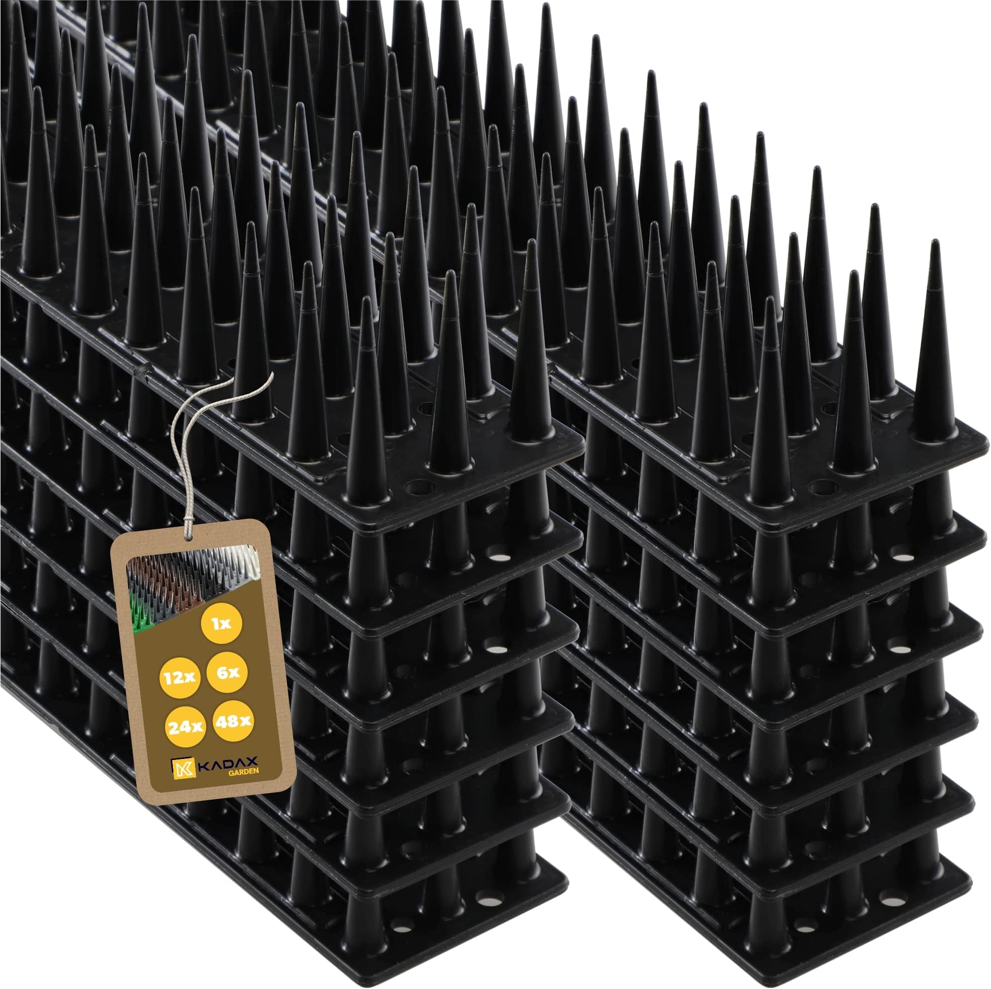 KADAX Pack of 12 Plastic Bird Repellent Spikes, 51 x 4 x 3.5 cm, 3 Rows, for Pigeons, Cats, Martens, Fence, Balcony, Roof, Windowsill, Robust and Weather-Resistant, Can Be Cut to Size, Black
