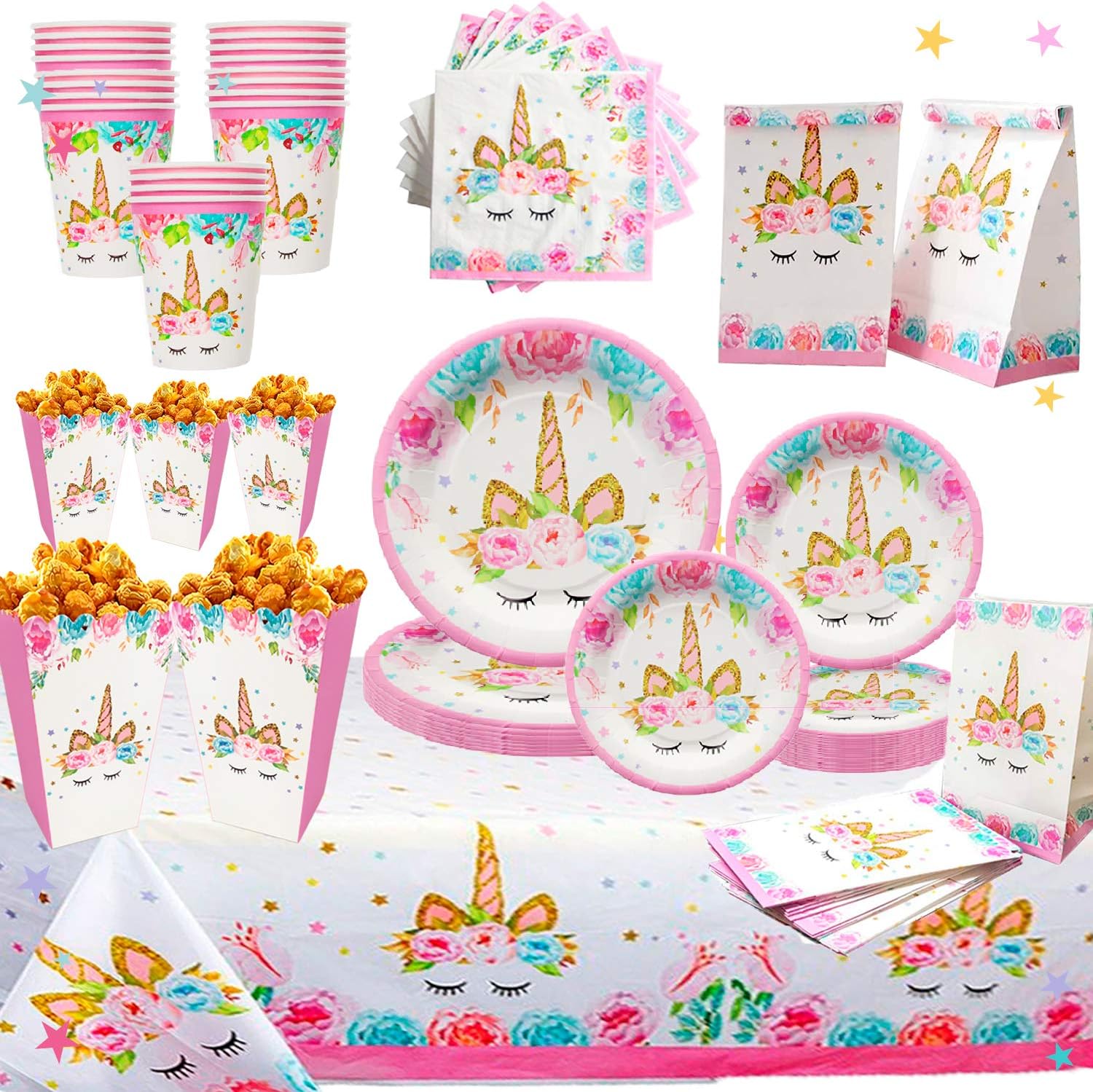 Unicorn Party Supplies Set for 16 | Plates, Cups,Table Cloth, Napkins, Popcorn Boxes and Gift Bags Kit | Diposable Tableware | Magical Decorations for Girls or Kid's Birthday Parties, Baby shower by Bestus