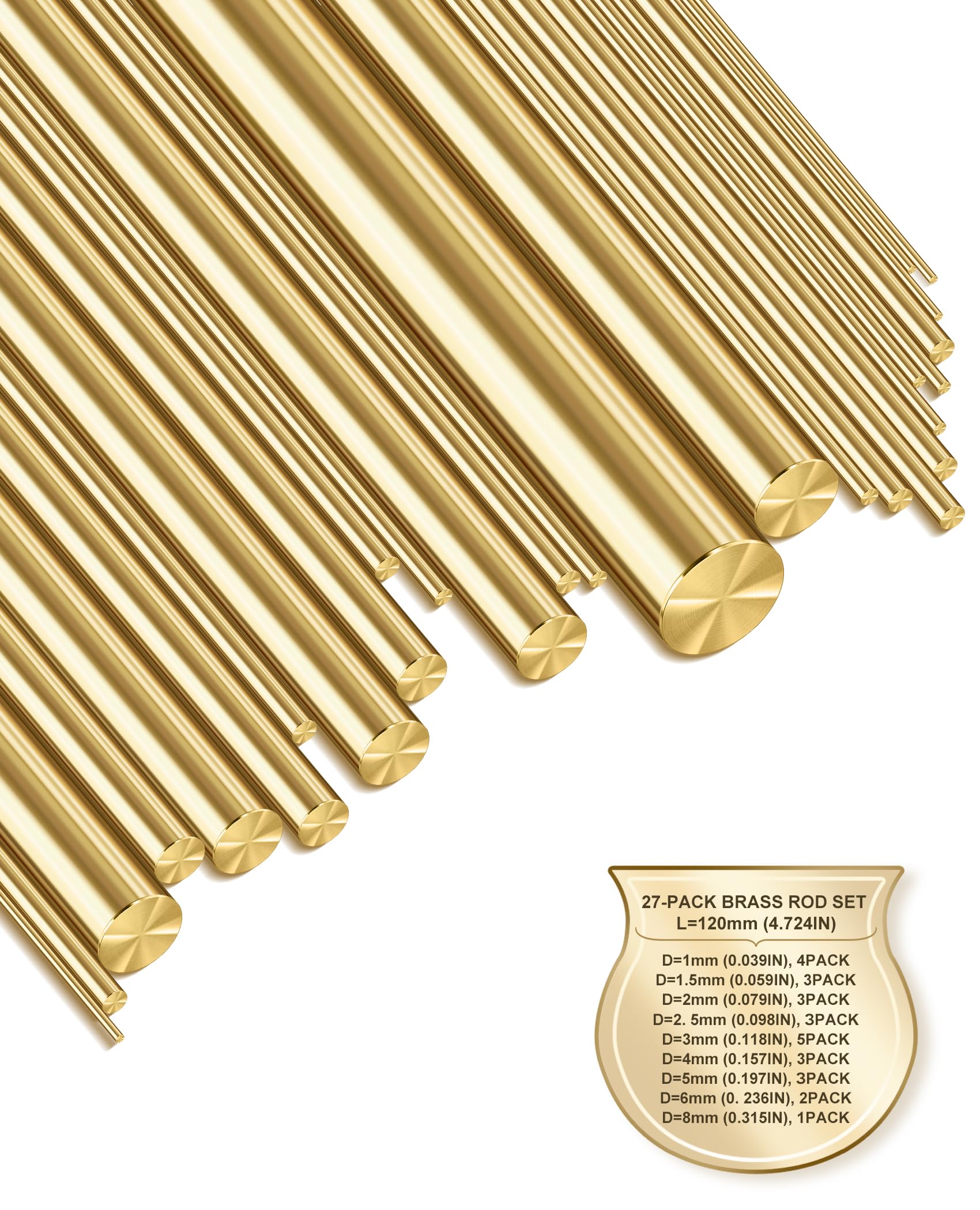 LRVOJUY 27 PCS Solid Brass Rods Assortment – 9 Sizes (1mm–8mm Diameter), 120mm Length, Polished Brass Round Bar for Knife Handles Pins, DIY, Crafting,