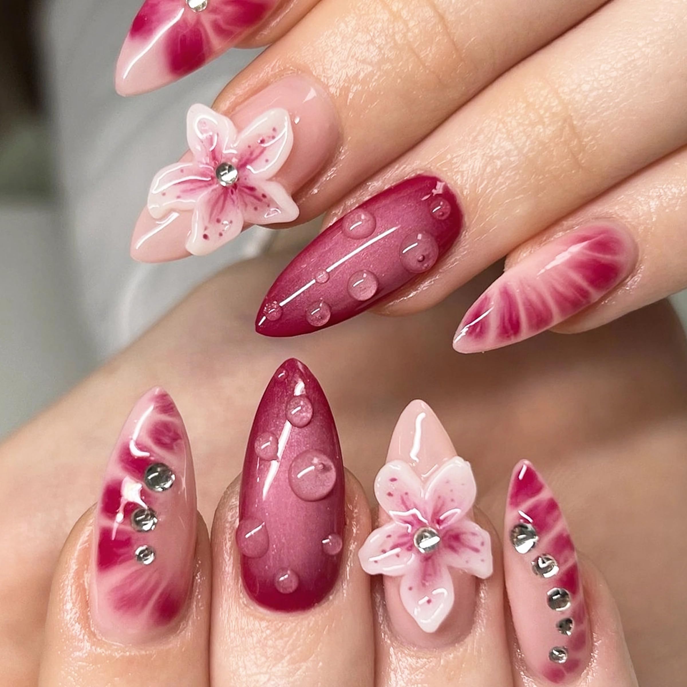 MERVF Almond Press on Nails Medium Fake Nails Rose Red Glue ons 3D Flower Water Drop with Aura Design Stiletto Rhinestones Acrylic Nail 24pcs Glossy
