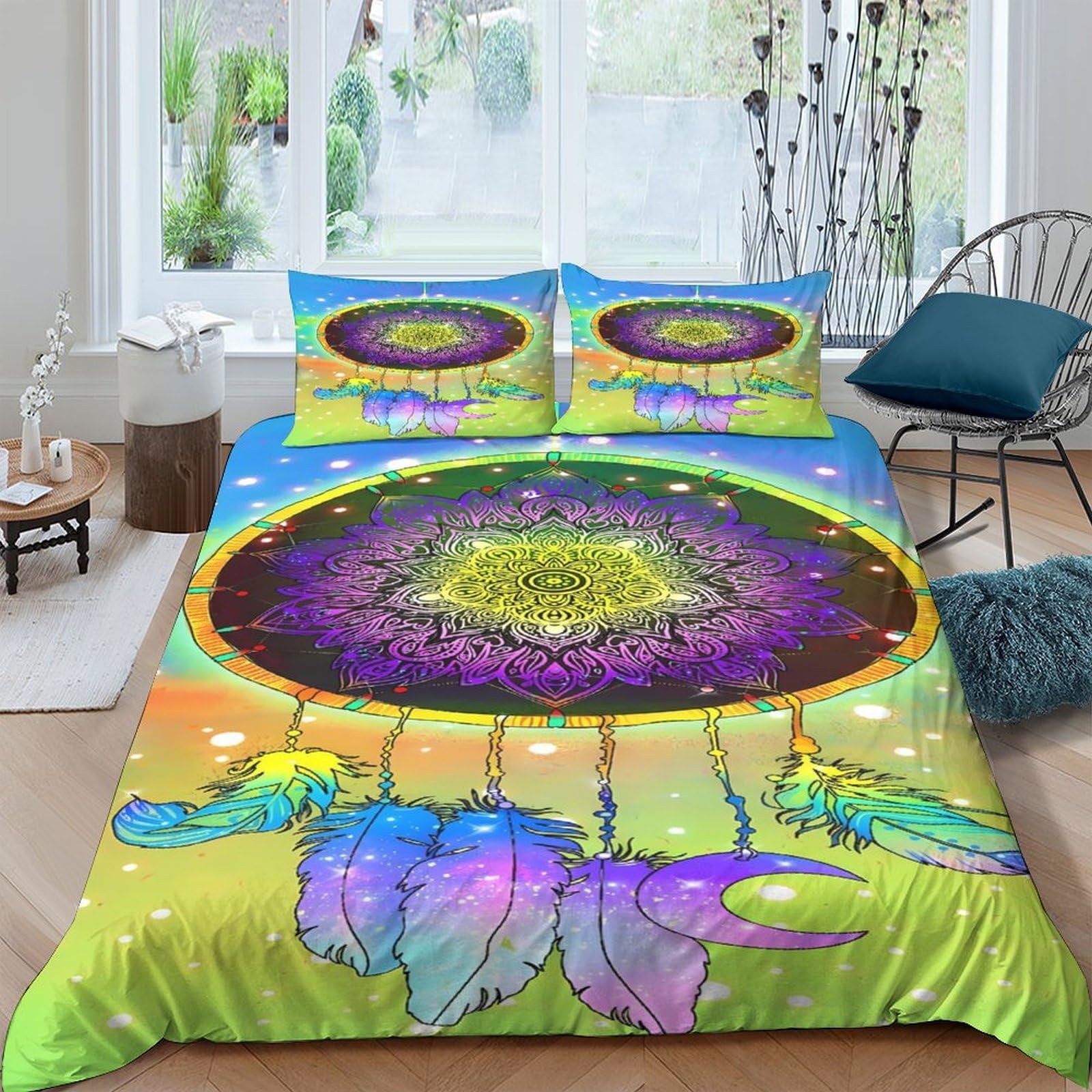 GPLZQXKJNH 3D Printed Dreamcatcher Duvet Cover Microfiber Soft Colourful Feather Quilt Cover Set with 2 Pillowcases for Bedroom Decor Single（135x200cm）