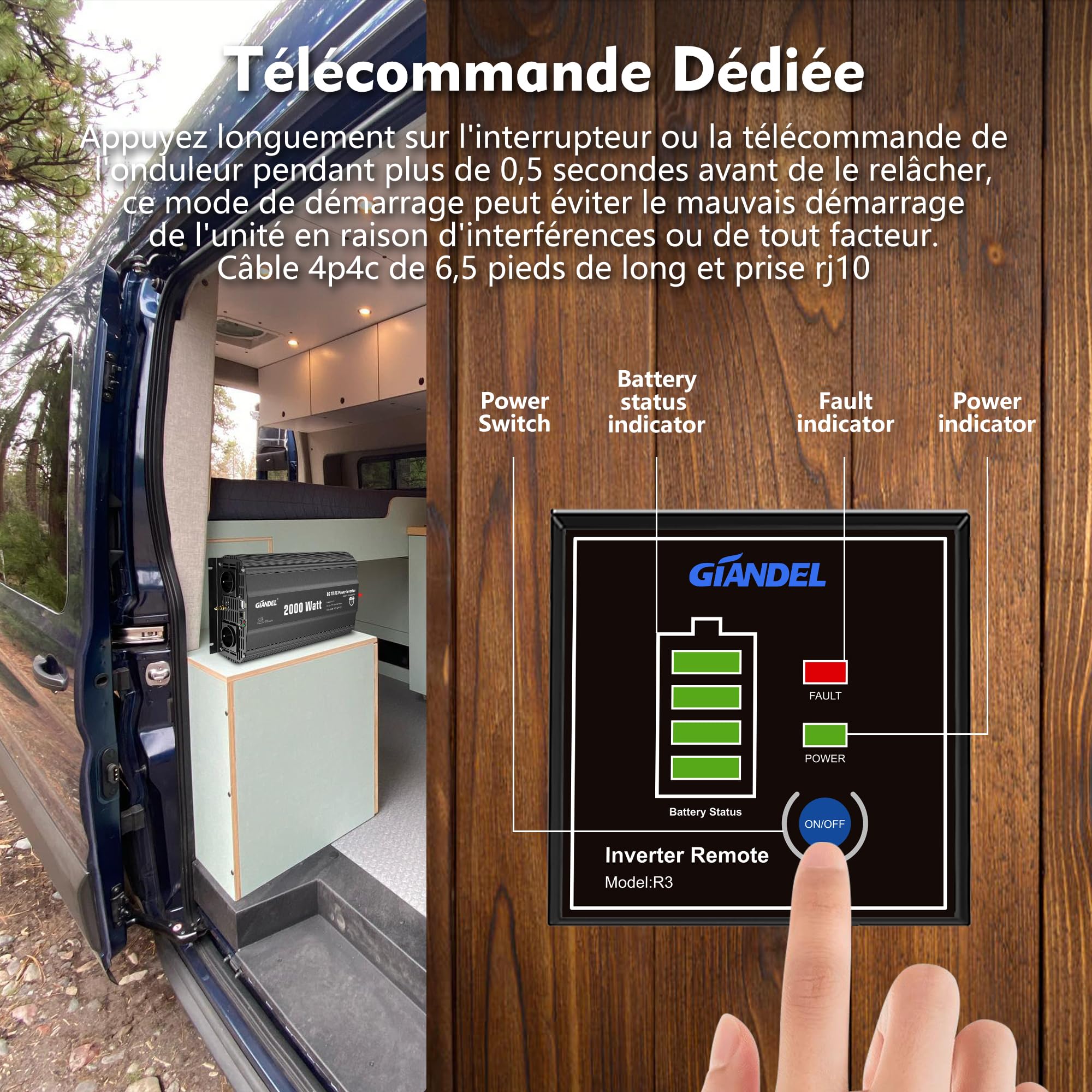 GIANDEL 2000W Convertisseur 12V 220V Onduleur à Onde Modifiée Transformateur Compatible Lithium-Batteries, avec Télécommande pour Voiture, Caravane, Bateau, Camping, Voyage - Version Noire