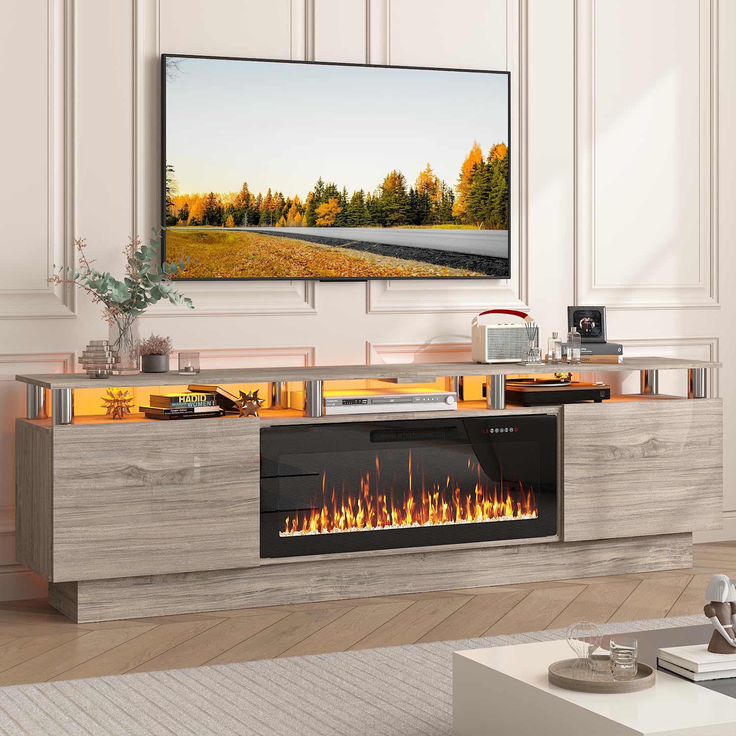 PUKAMI 70" Fireplace TV Stand with 36" Electric Fireplace, LED Light Entertainment Center with Storage, 2 Tier Modern Wood Media TV Console with
