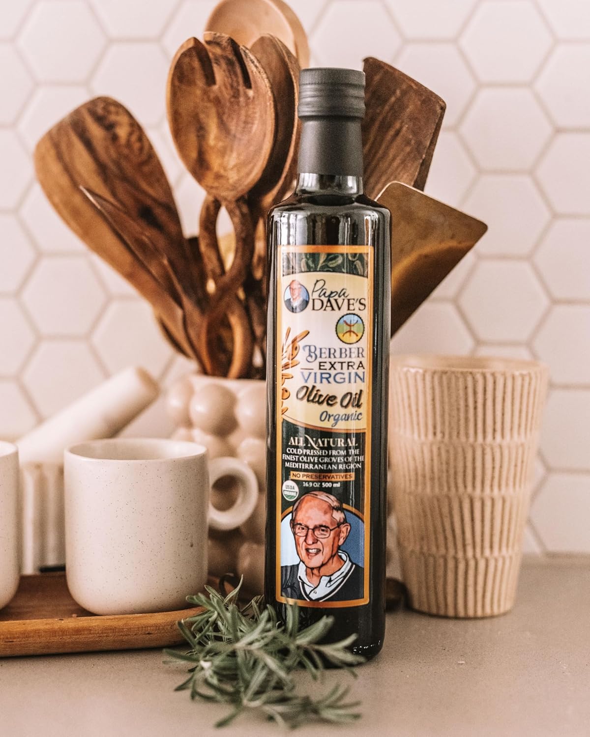 Papa Dave's Certified USDA Organic Extra Virgin Olive Oil, Contains Polyphenol First Cold Pressed, Mediterranean Rich Olive Oil for Salad Dressing, Pasta, Sauces, Roasting - Naturally Gluten-Free, Non-GMO, 16.9 Oz, Single Bottle