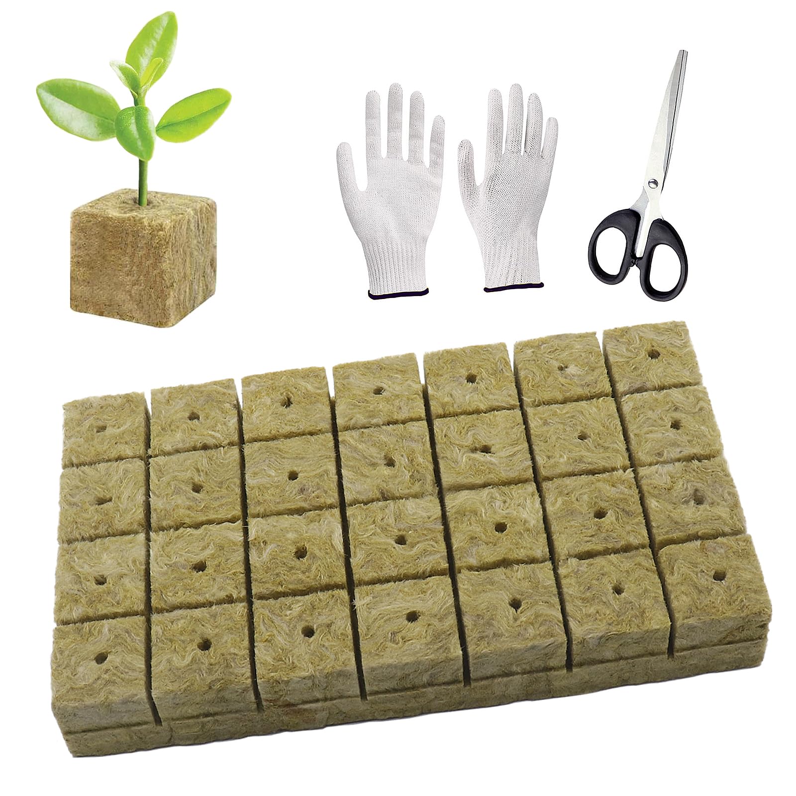 WANYI 28 Stück Steinwolle Anzucht, Rockwool Cube, Steinwolle Dämmung, Steinwolle Grow Anzucht Anzuchtmatte mit Schere Handschuhe für Bodenlos Anbau Hydrokultur Umpflanzen
