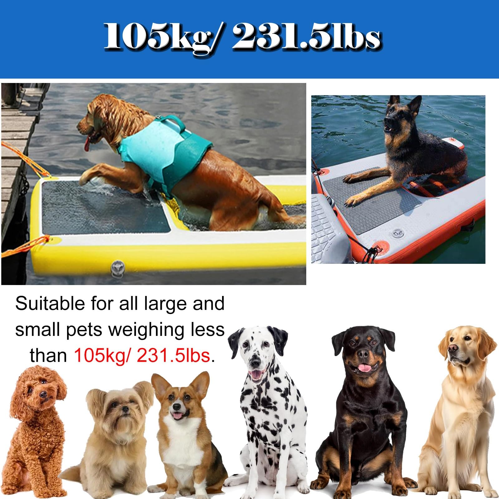 Escalera antideslizante para perros en piscina Plataforma de agua inflable para mascotas de hasta 105 kg, rampa de piscina de seguridad para perros con bomba, bolsa de almacenamiento, cuerda y kit de