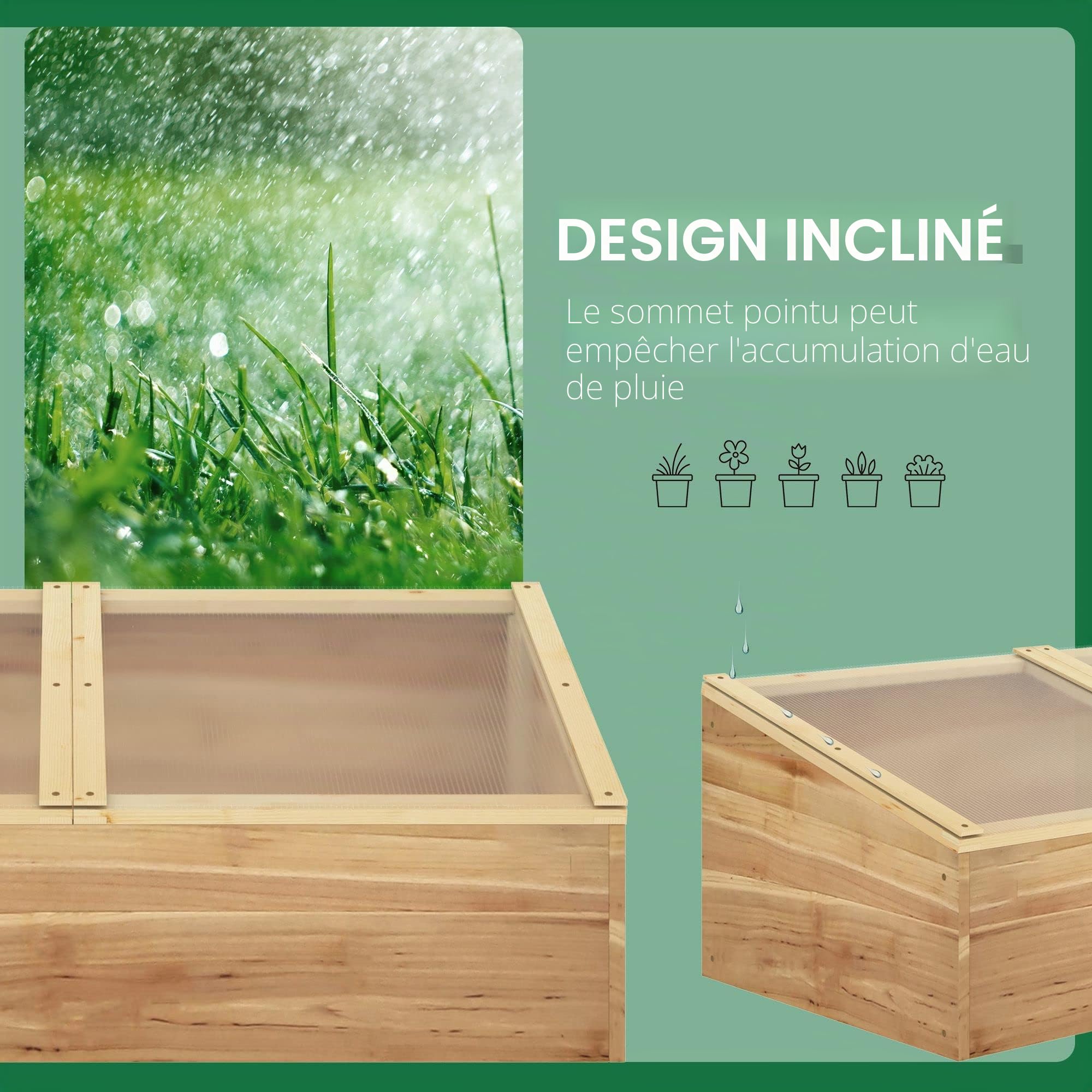 Outsunny Wooden Cold Frame Greenhouse Garden 100 x 50 x 36 cm Natural | Polycarbonate Grow House, Independent Openable Top Covers, for Flowers, Vegetables, Plants