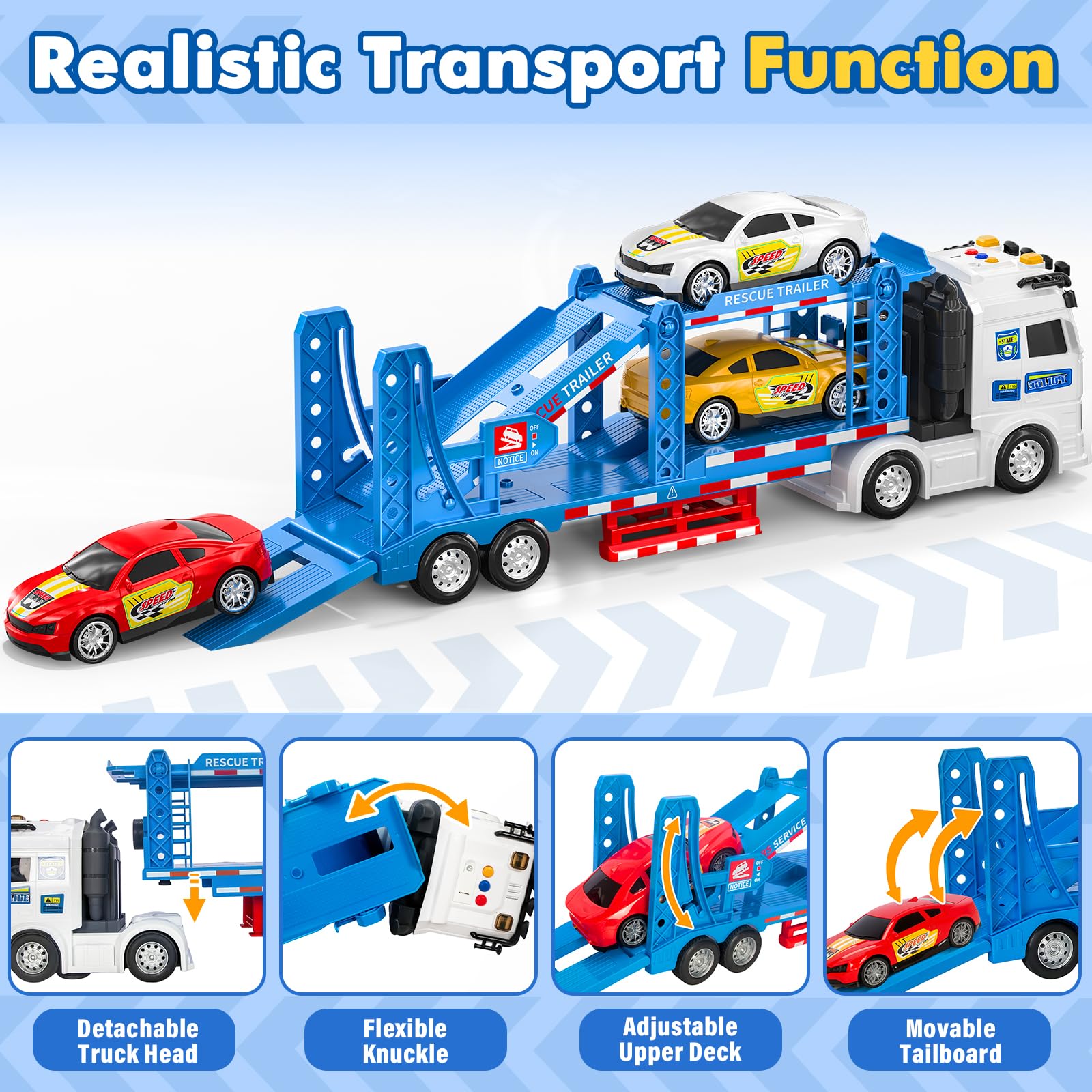 Vehículo de juguete para niños de 3, 4, 5, 6, 8 años, camión transportador ajustable de dos pisos con luz y sonido, transportador de automóvil con juguete de remolque, juguete de transporte 3