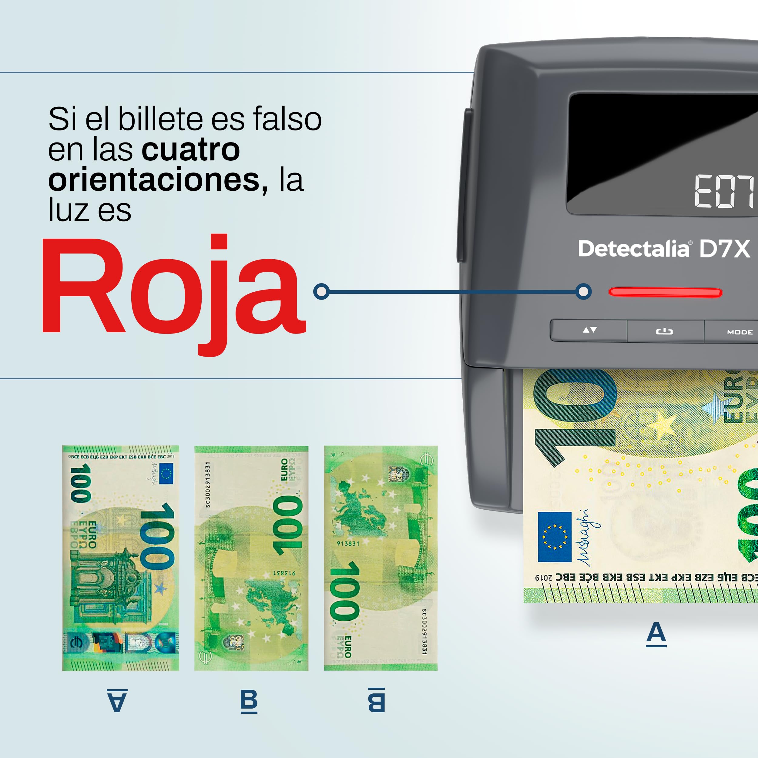 Detectalia D7X - Detector de billetes falsos con 7 sistemas de detección y 100% fiabilidad para 6 divisas EUR, GBP, CHF, PLN, CZK y SEK - 14 x 12 x 6 cm
