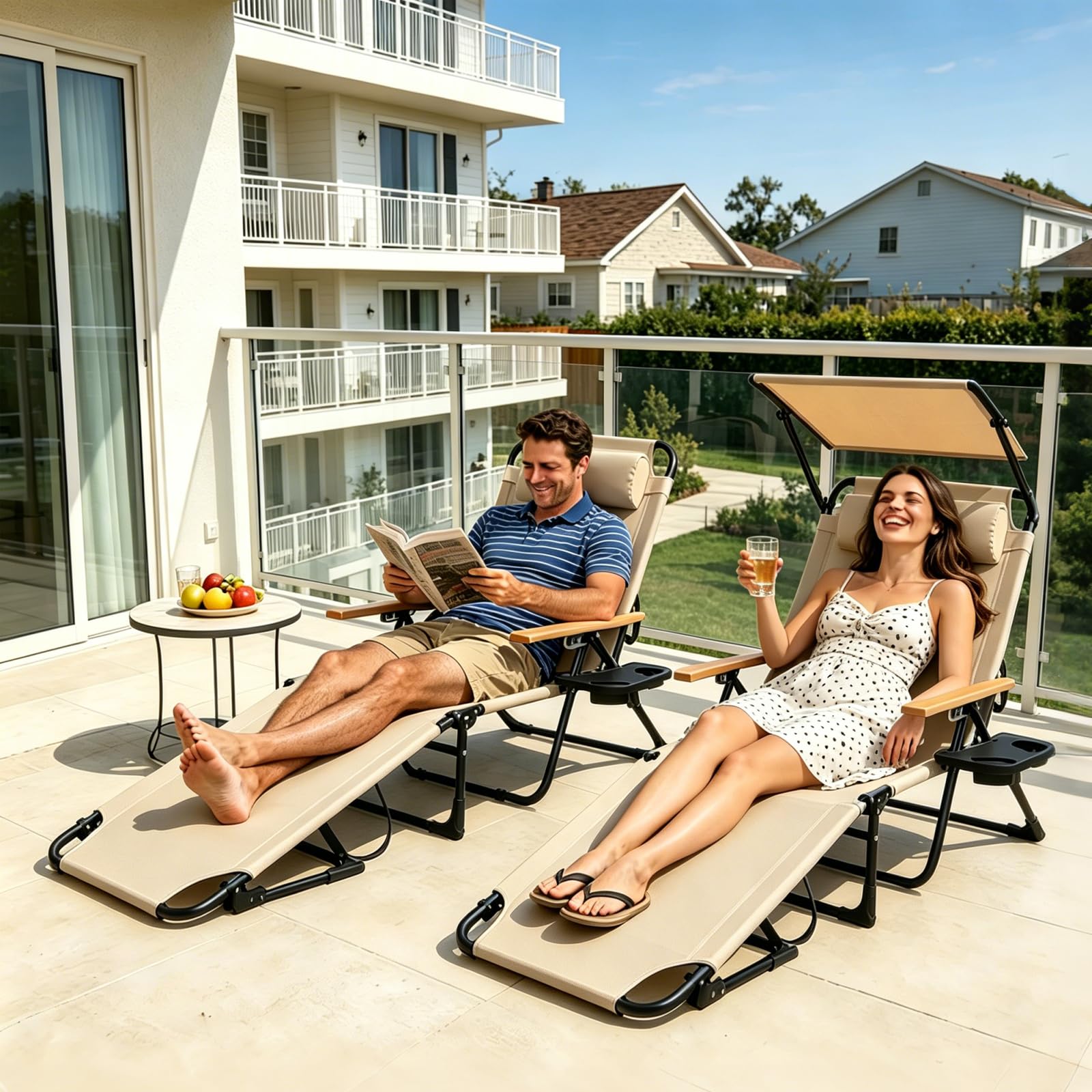 Gartenliege mit Sonnendach, Strandliege Klappbar Leicht, Sonnenliege Klappbar, Gartenliege Wetterfest, Verstellbare Campingliege für Garten, Balkon, Camping, Strand (Beige, Mit Sonnendach)