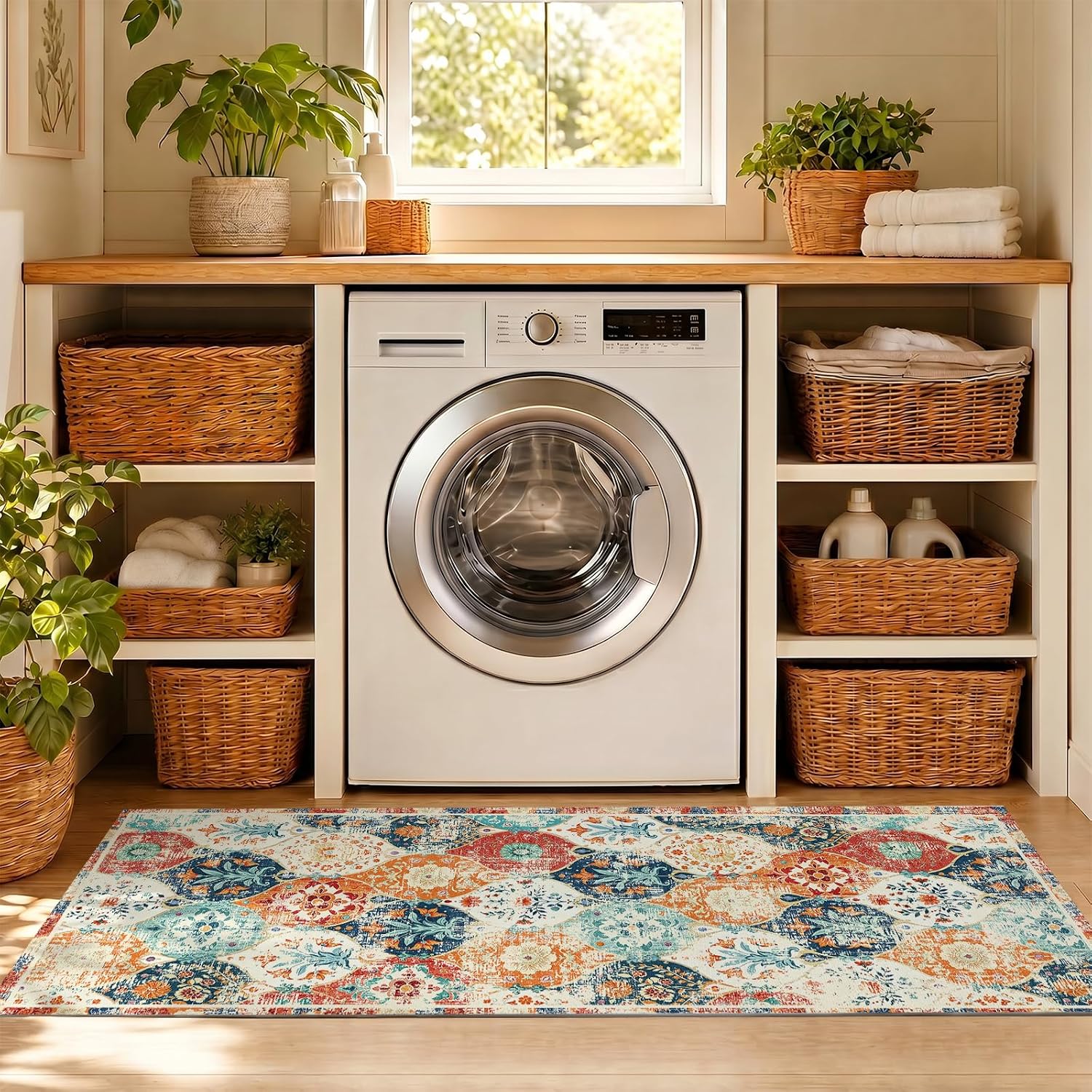 Laundry Room Rug, Non Slip Washable Boho Floor Carpet Runner | 20x47 Inch, Absorbent, Anti Skid, Foldable, Washroom, Bathroom, Living Room, Kitchen, Farmhouse, Home Decor, Rubber Backing