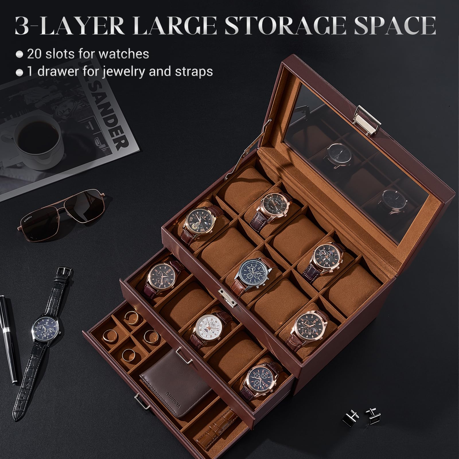 ProCase Boite a Montre Homme à 20 Emplacements, Coffret Montre en PU Cuir à 3 Niveaux, Range avec Tiroir -Marron