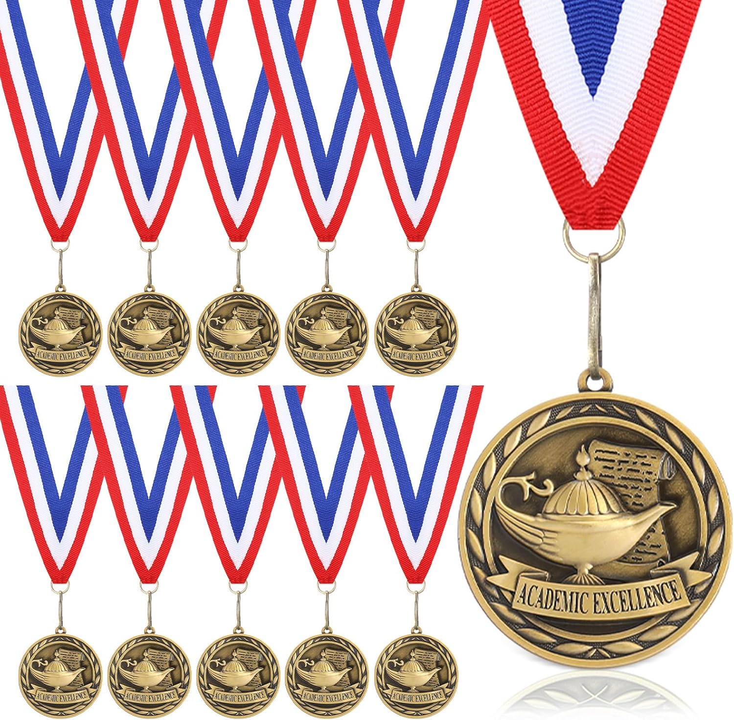 12 Pcs Academic Excellence Graduation Award Medals Bulk Scholastic Award Medals with Neck Ribbons Prize Gift for Tournaments Competitions Party