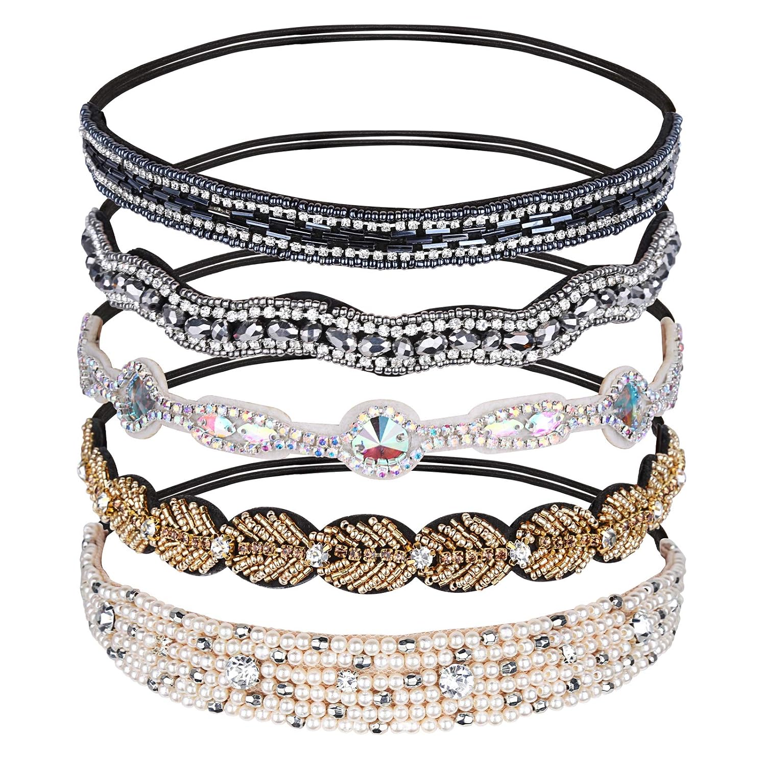Teenitor 5pcs Rhinestone Beaded Headbands, No Slip Jeweled Head Wraps Women Girls Hair Headbands