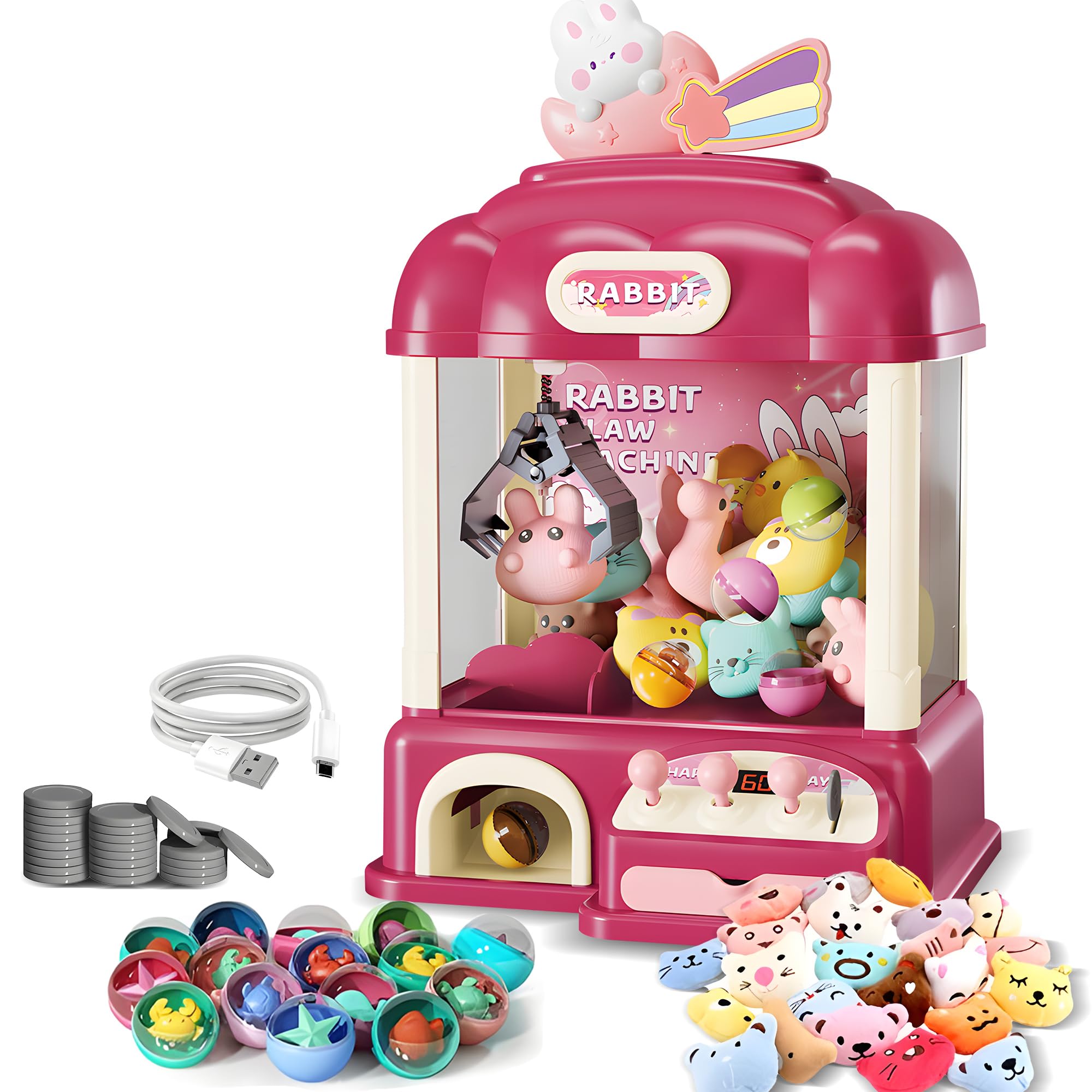 Kids Claw Machine with Toys Inside, Vending Machine Lights &amp; Sound, Electronic Mini Claw Game for Boys &amp; Girls, Birthday &amp; Party Gift, Includes 25 Plush Toys, Surprise Eggs &amp; USB Cable
